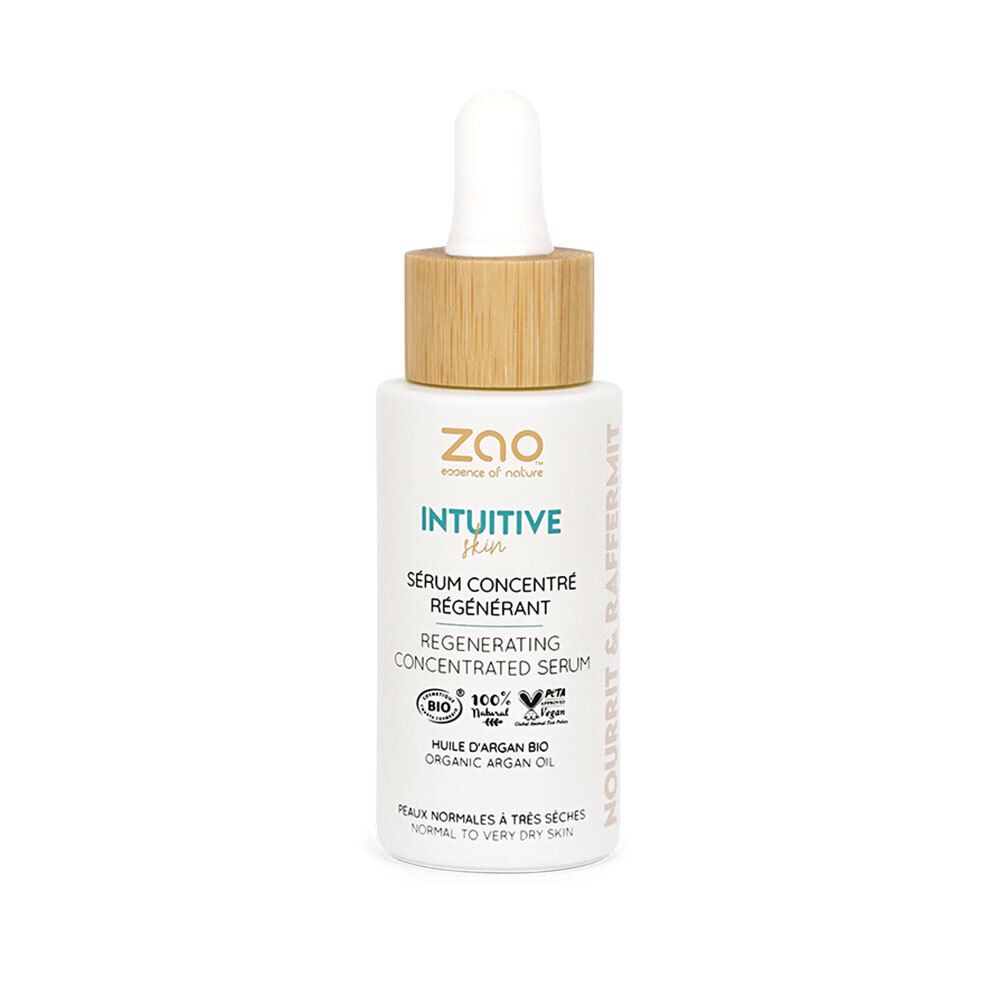 Wit serumflesje met houten dop en pipet. Opschrift: ZAO, Intuitive Skin, Regenererend serum.