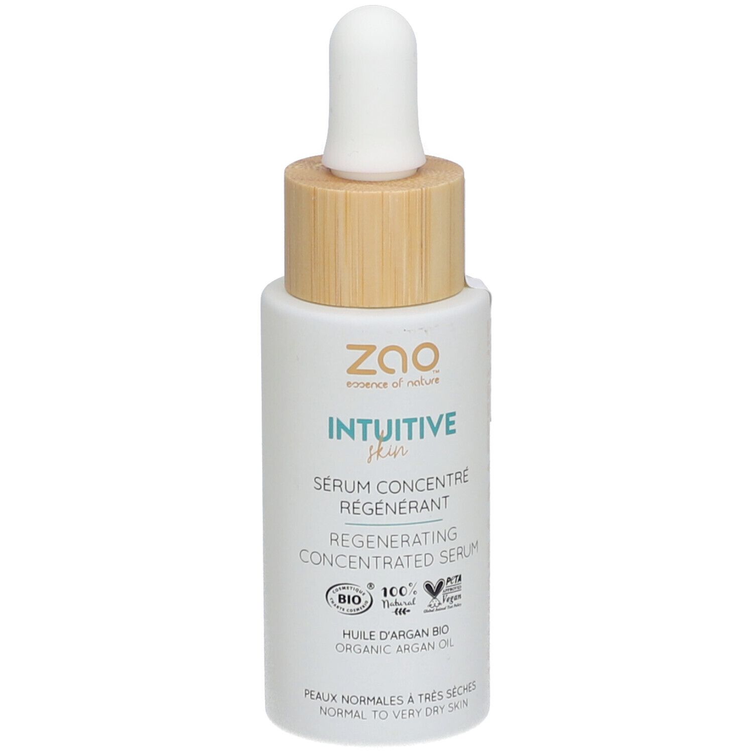 Wit serumflesje met houten dop en pipet. Opschrift: ZAO, Intuitive Skin, Regenererend serum.