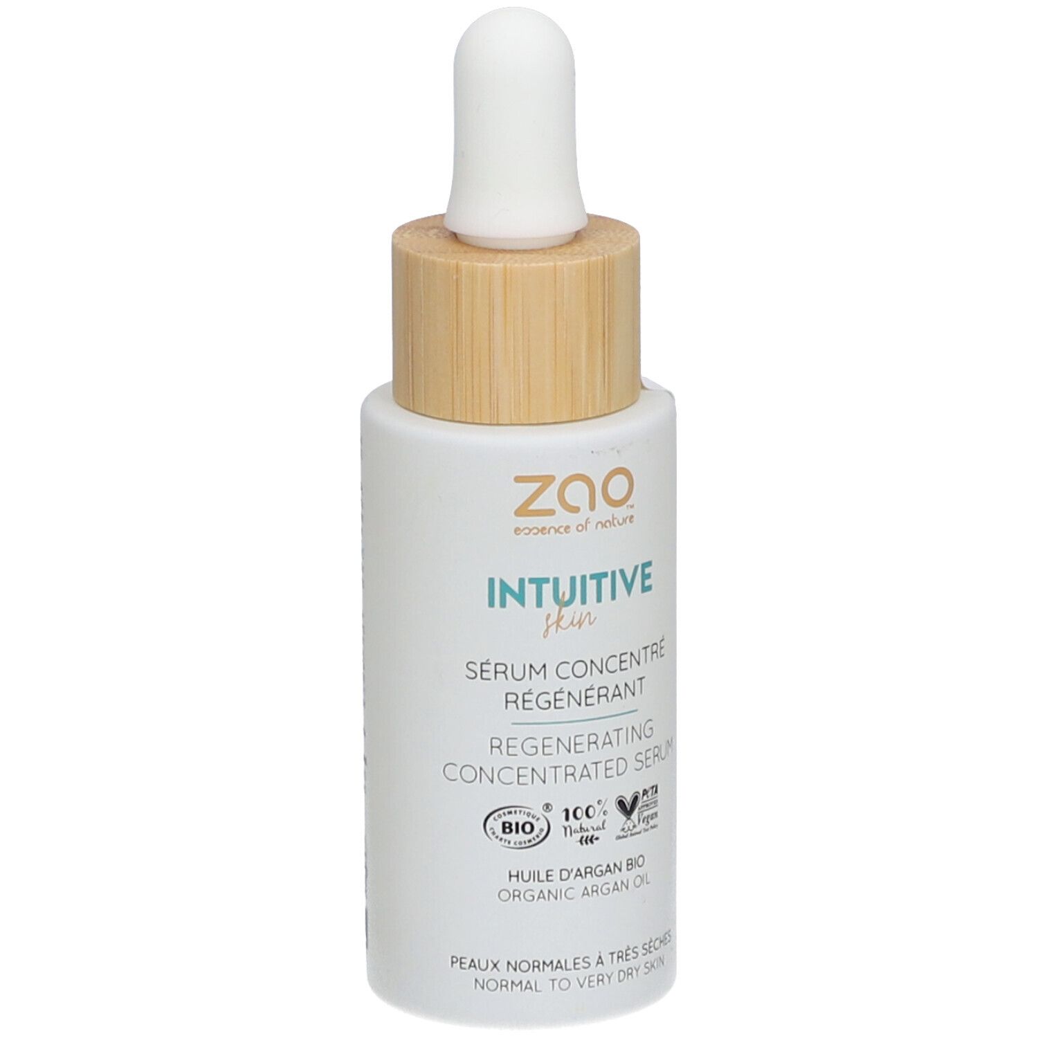 Wit serumflesje met houten dop en pipet. Opschrift: ZAO, Intuitive Skin, Regenererend serum.