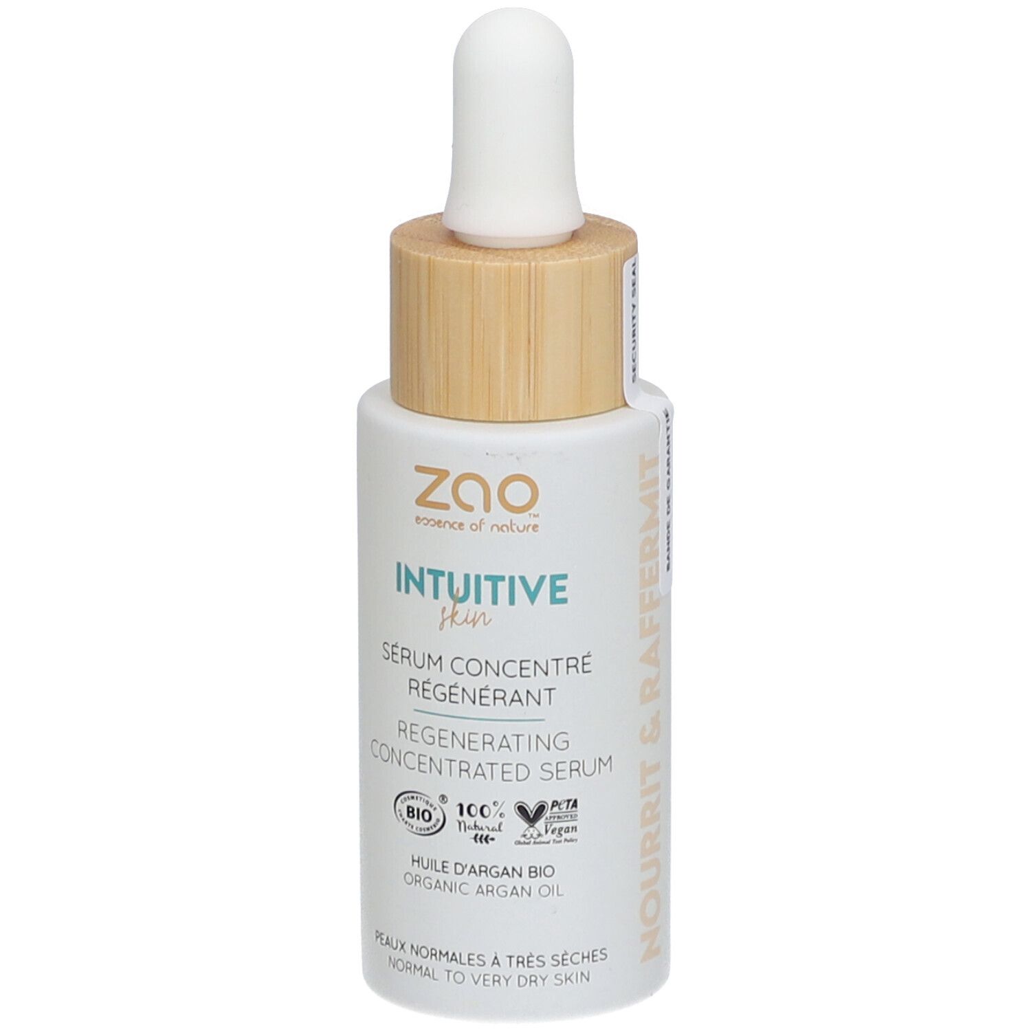 Wit serumflesje met houten dop en pipet. Opschrift: ZAO, Intuitive Skin, Regenererend serum.