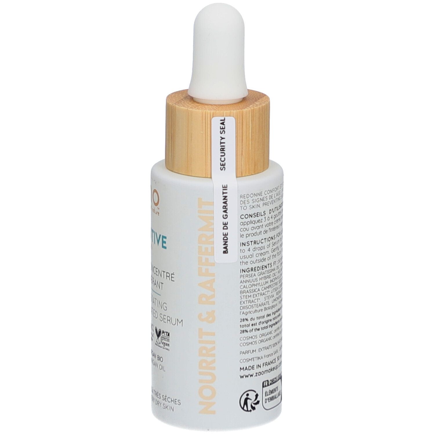 Wit serumflesje met houten dop en pipet. Opschrift: ZAO, Intuitive Skin, Regenererend serum. Zegel.