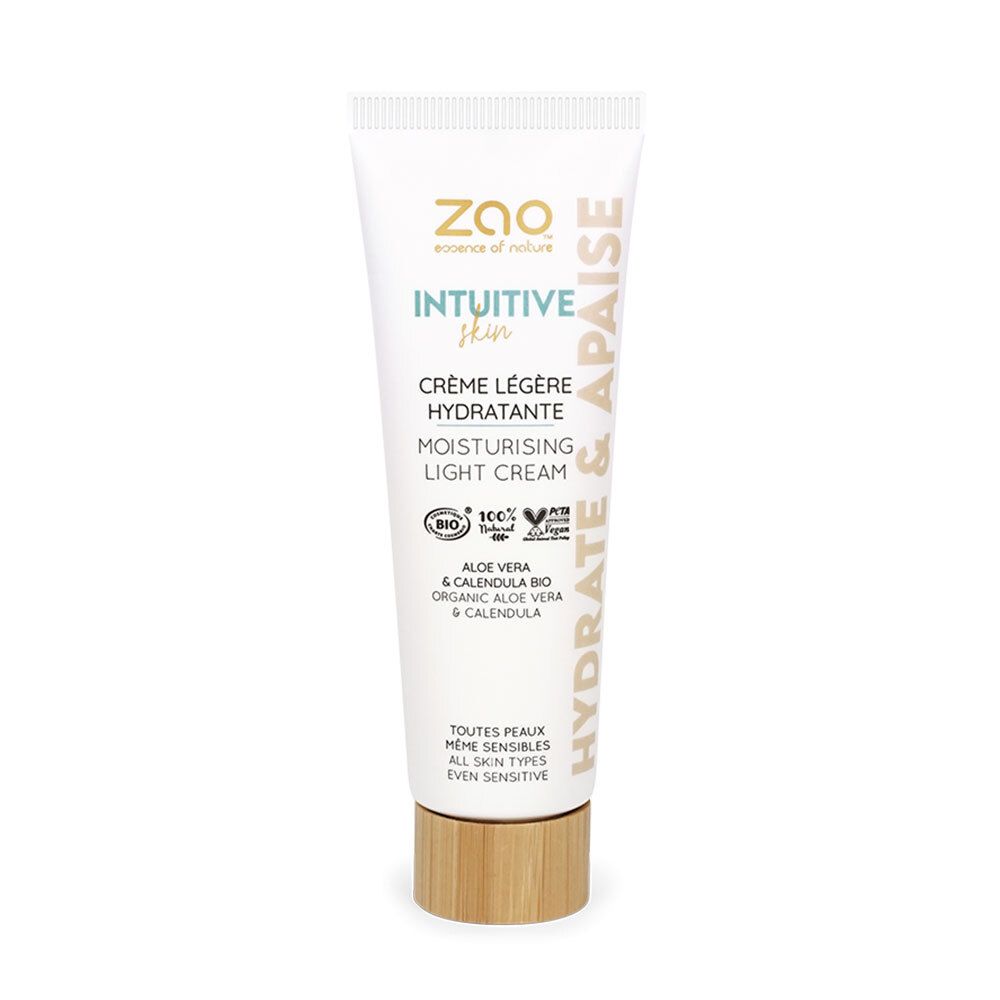Crèmetube met productnaam en logo. Tekst: Crème Légère Hydratante, Intuitive Skin, Aloe Vera & Calendula. Bio-certificering.