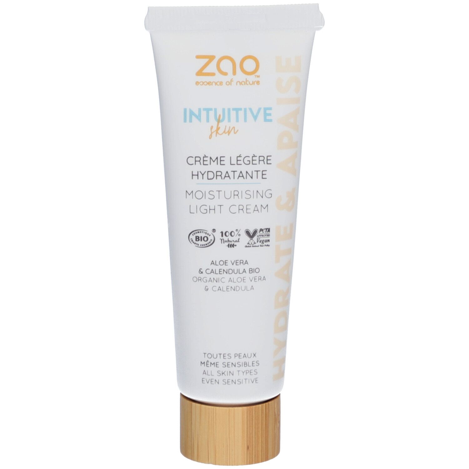 Crèmetube, bovenaanzicht. Productnaam en logo zichtbaar. Tekst: Crème Légère Hydratante, Intuitive Skin, Aloe Vera & Calendula.