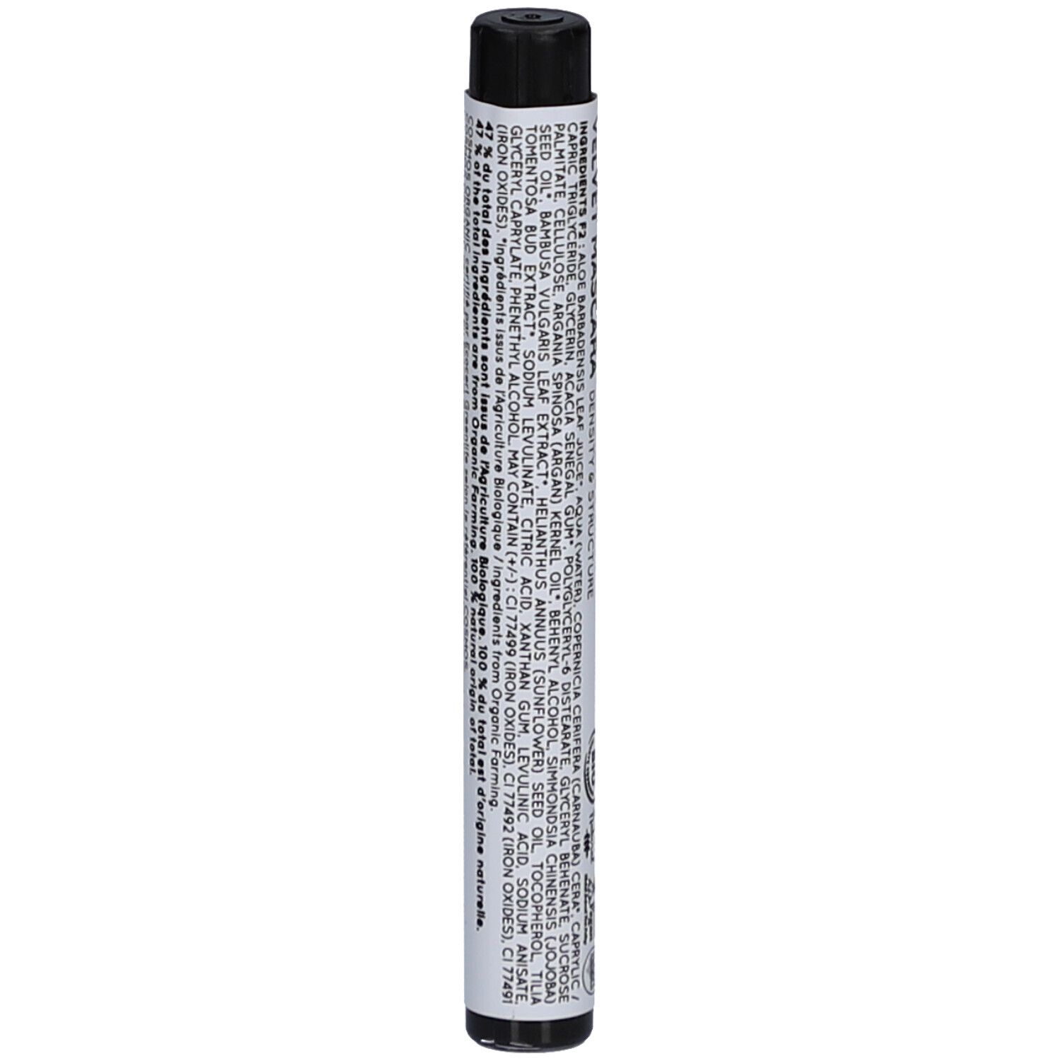 Zylinderförmige Mascarahülse. Aufschrift: Inhaltsstoffe. Schwarzer Deckel. Text mit Inhaltsstoffen und weiteren Informationen.