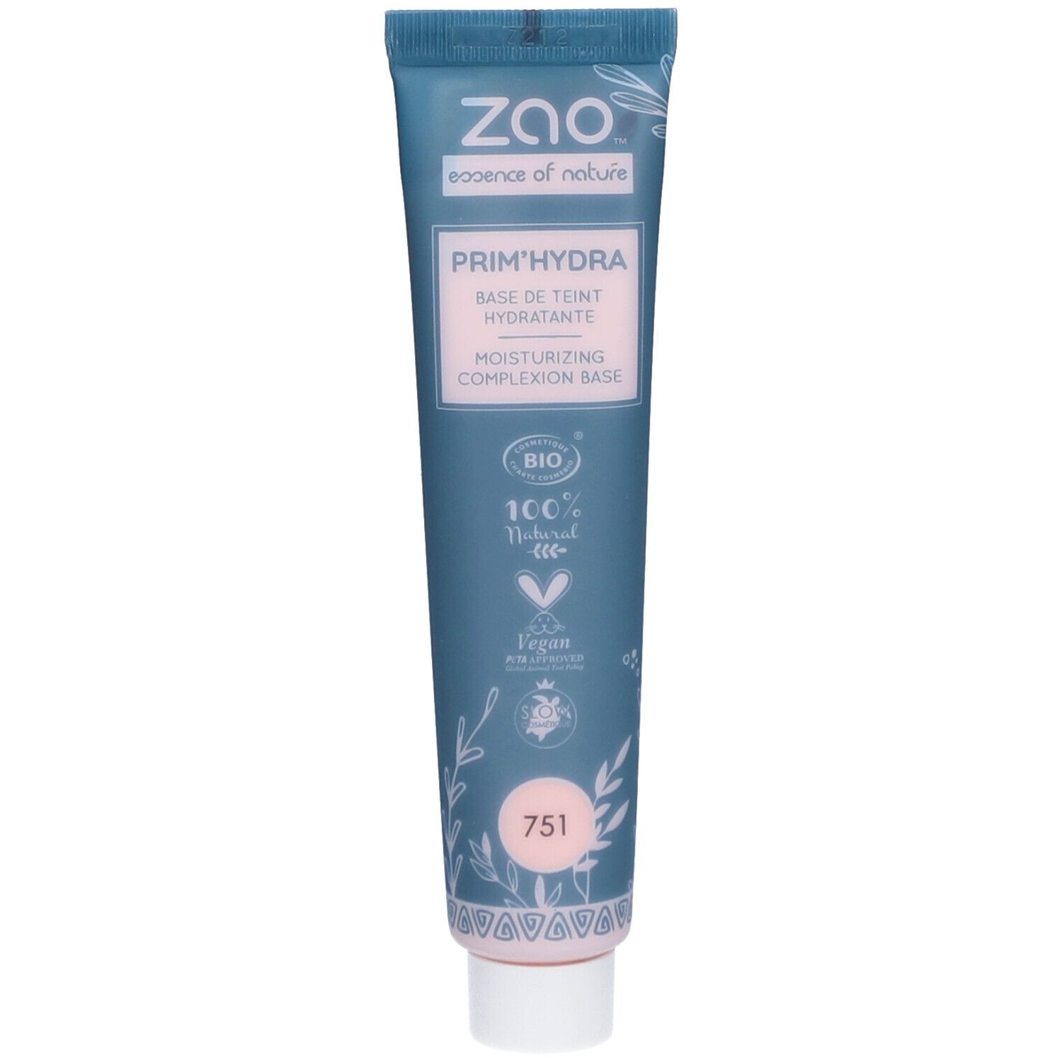 Tube PRIM'HYDRA, blau-weiß. Text: ZAO, PRIM'HYDRA, Basis de teint hydratante, 100% Natural, Vegan. Rosa Inhalt sichtbar.