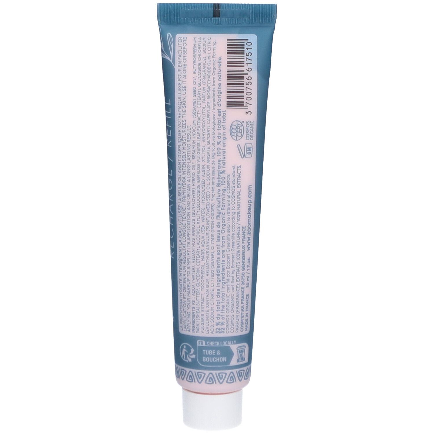 Rückseite des PRIM'HYDRA-Tubes. Text und Inhaltsstoffe in mehreren Sprachen. Rosa Inhalt sichtbar. Vegan-Logo.