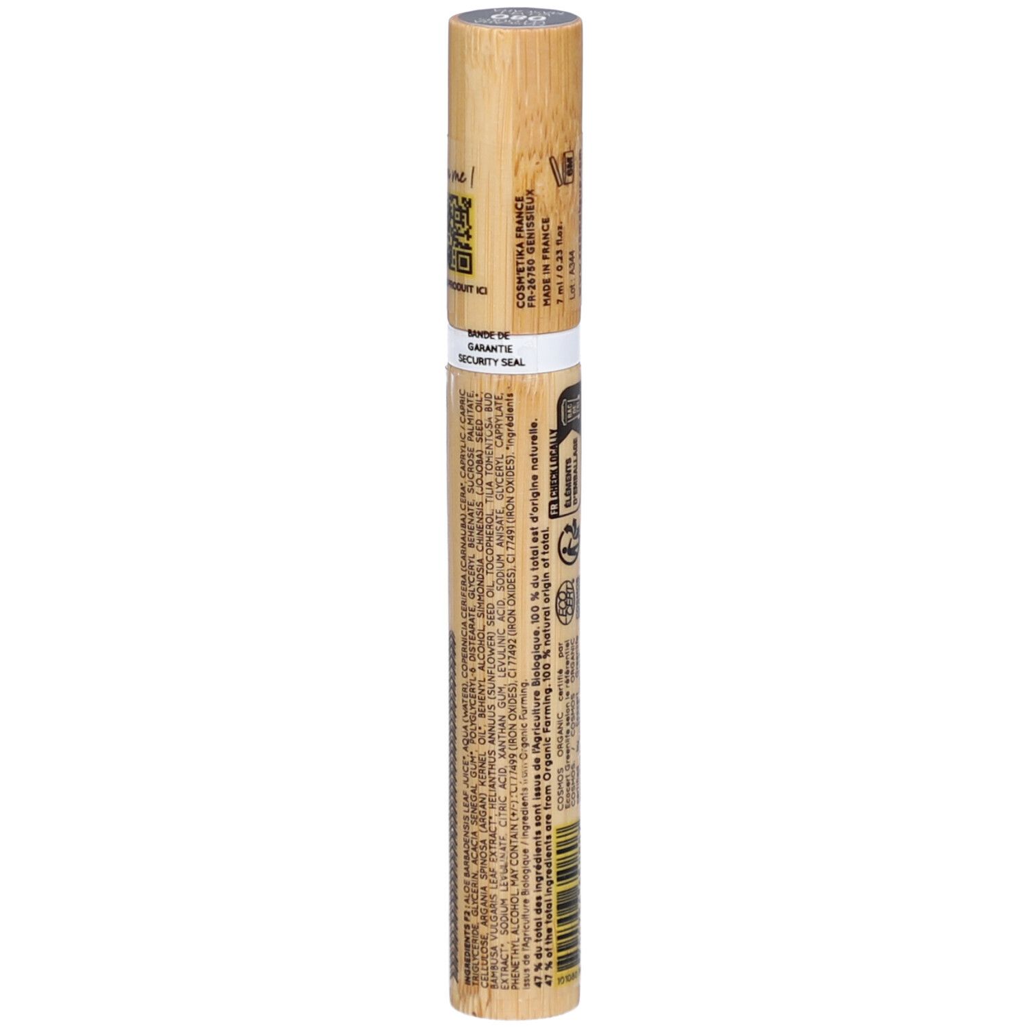 Zao Mascara-Tube aus Bambus. Aufschrift: Garantie, Sicherheitsversiegelung, Inhaltsstoffe, Herkunft Frankreich.