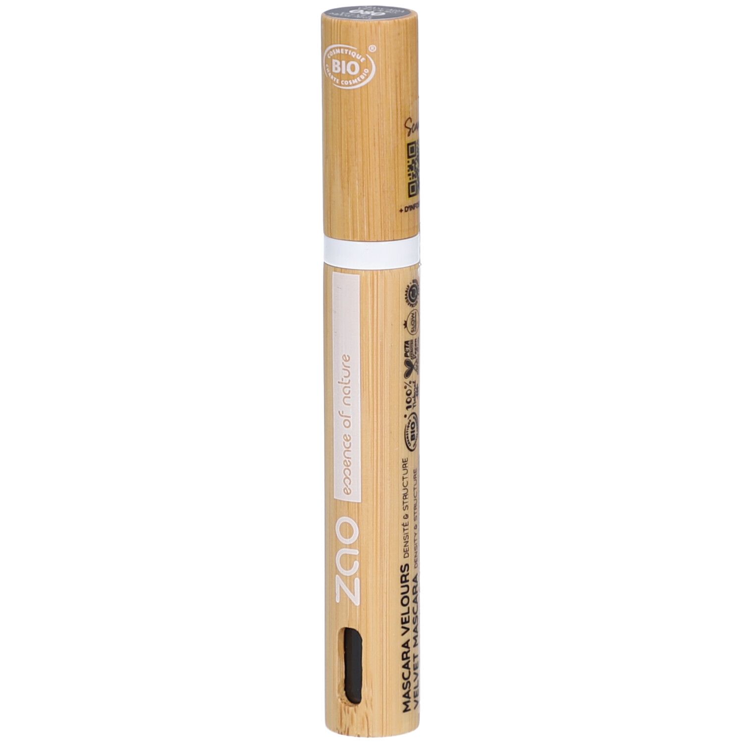 Zao Mascara-Tube aus Bambus. Aufschrift: essence of nature, Mascara Velours, BIO-Zertifizierung, schwarzer Applikator.
