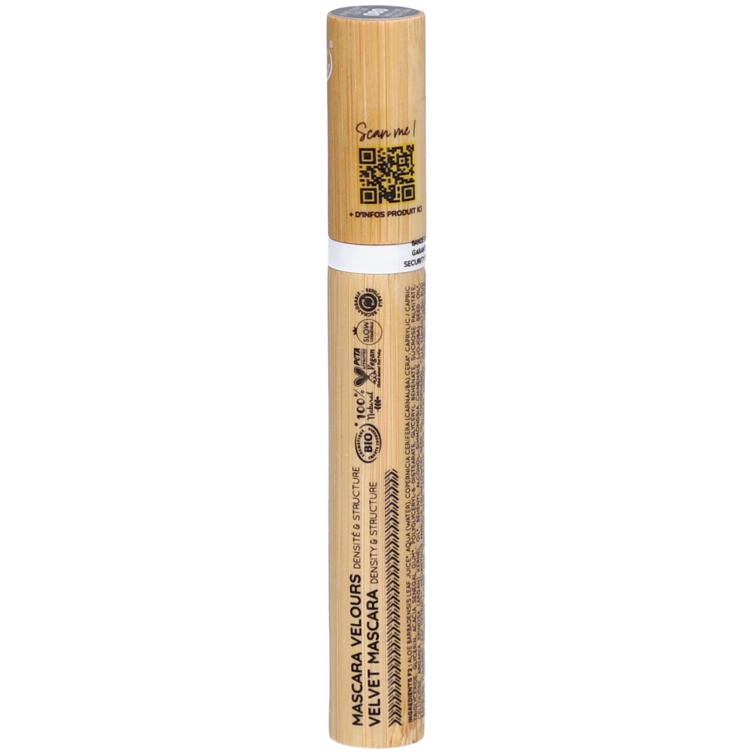 Zao Mascara-Tube aus Bambus. Aufschrift: Mascara Velours, Velvet Mascara, BIO-Zertifizierung, QR-Code.