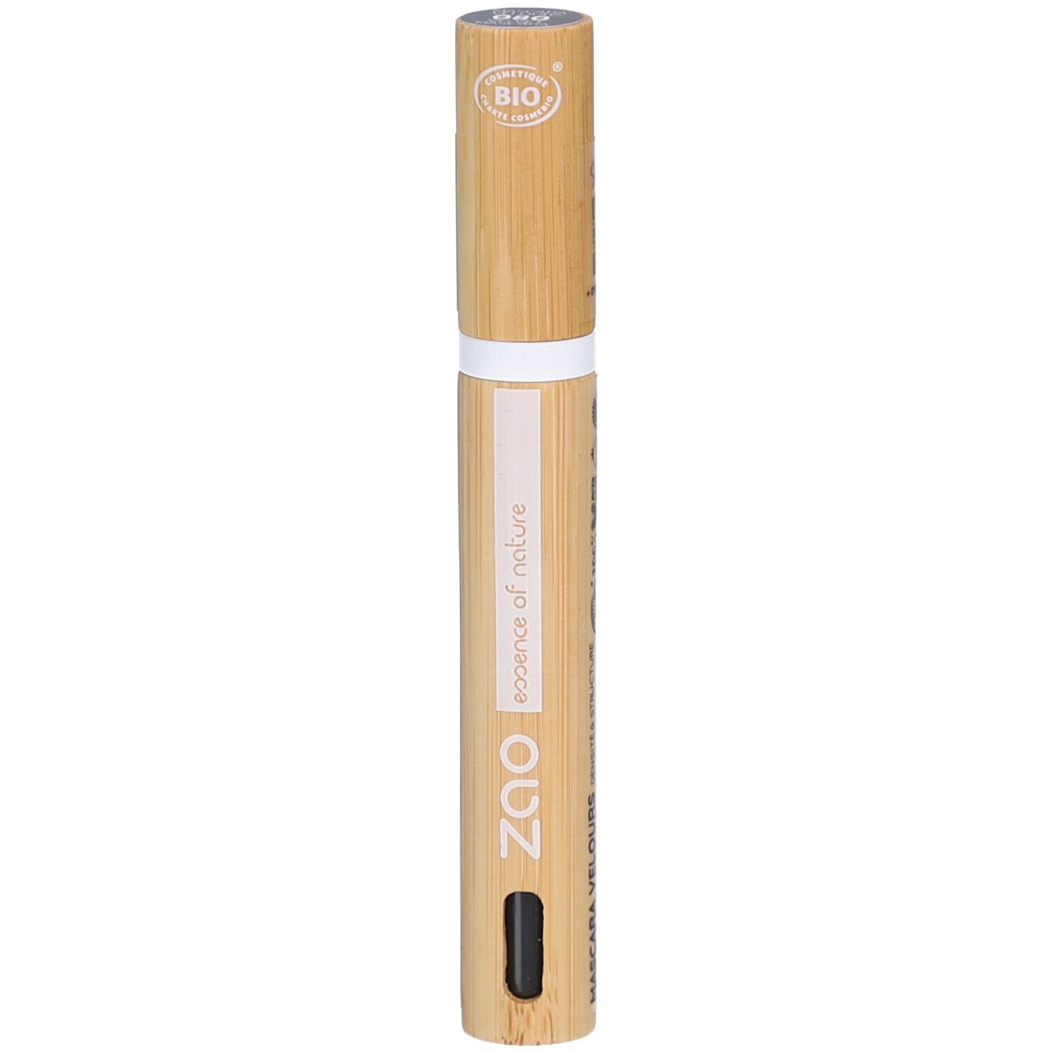 Zao Mascara-Tube aus Bambus. Aufschrift: essence of nature, Mascara Velours, BIO-Zertifizierung, schwarzer Applikator.