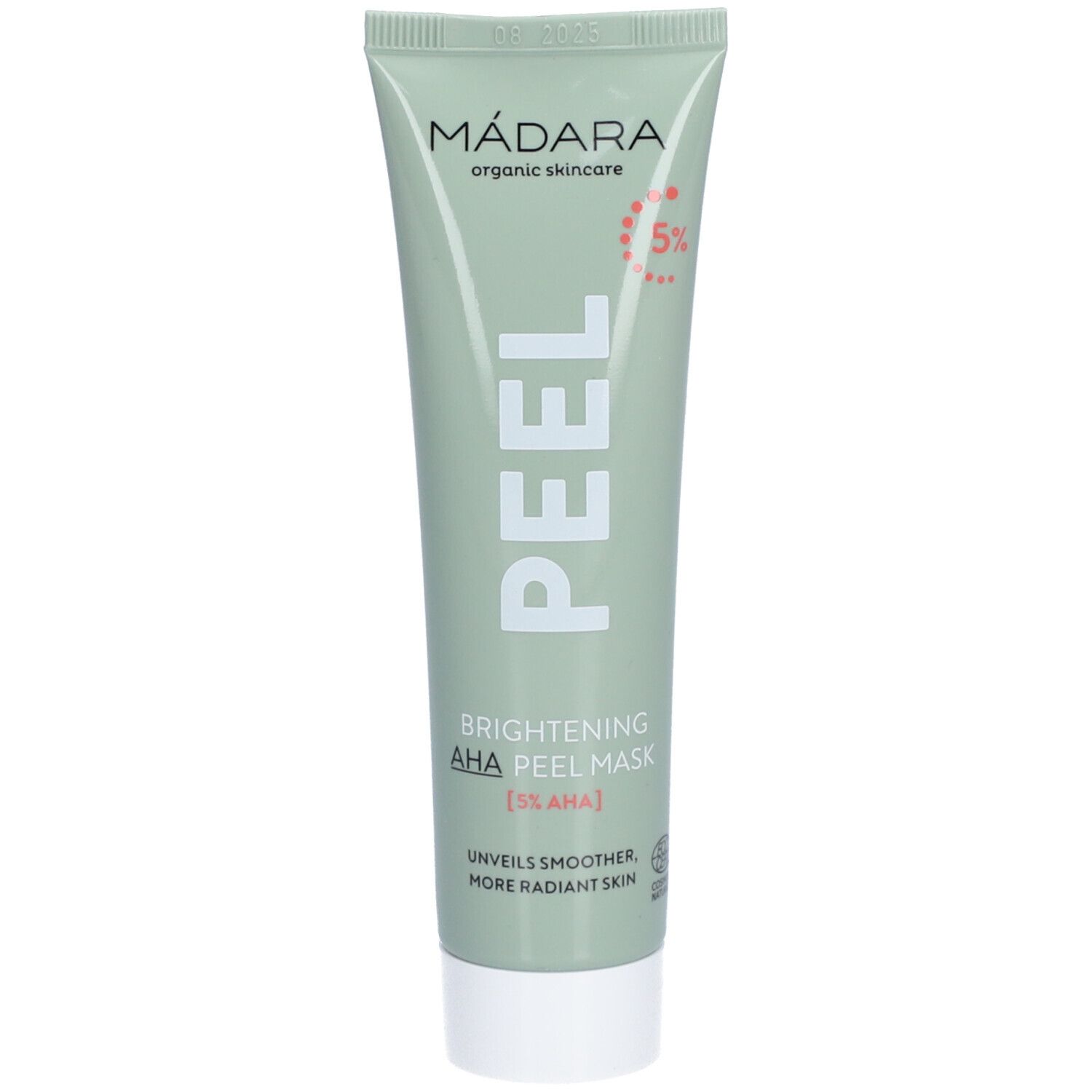 Grüne Tube mit weißem Deckel. Aufschrift: MÁDARA, PEEL, Brightening AHA Peel Mask [5% AHA].