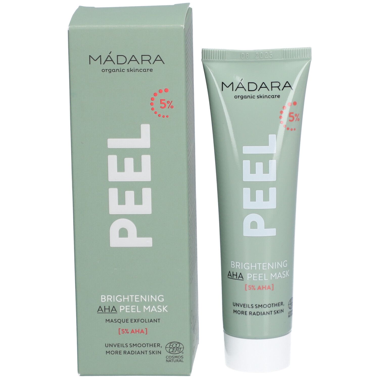 Produktverpackung: grüne Schachtel und Tube. Aufschrift: MÁDARA, PEEL, Brightening AHA Peel Mask [5% AHA].