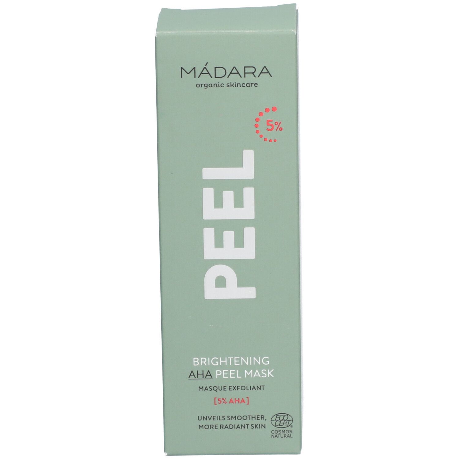 Grüne Schachtel mit Aufschrift: MÁDARA, PEEL, Brightening AHA Peel Mask [5% AHA].