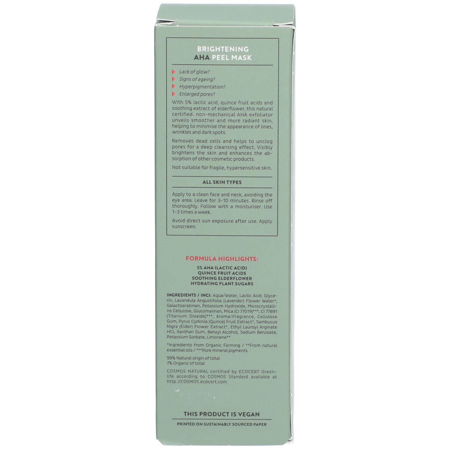 Grüne Schachtel, Text: Brightening AHA Peel Mask, Inhaltsstoffe, Anwendungshinweise, vegan.