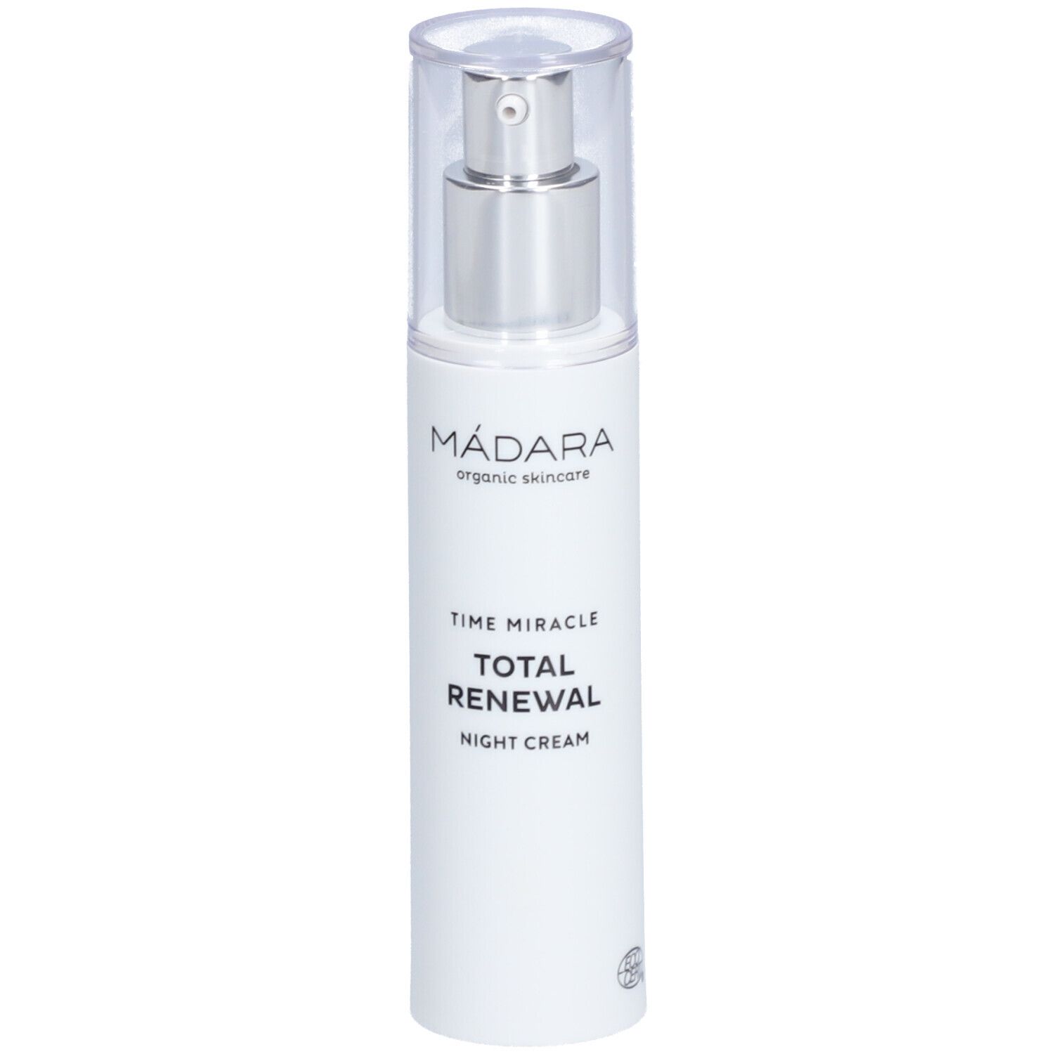 Weiße Flasche mit silbernem Pumpkopf und durchsichtiger Kappe. Beschriftung: Mádara, TIME MIRACLE, TOTAL RENEWAL, NIGHT CREAM.
