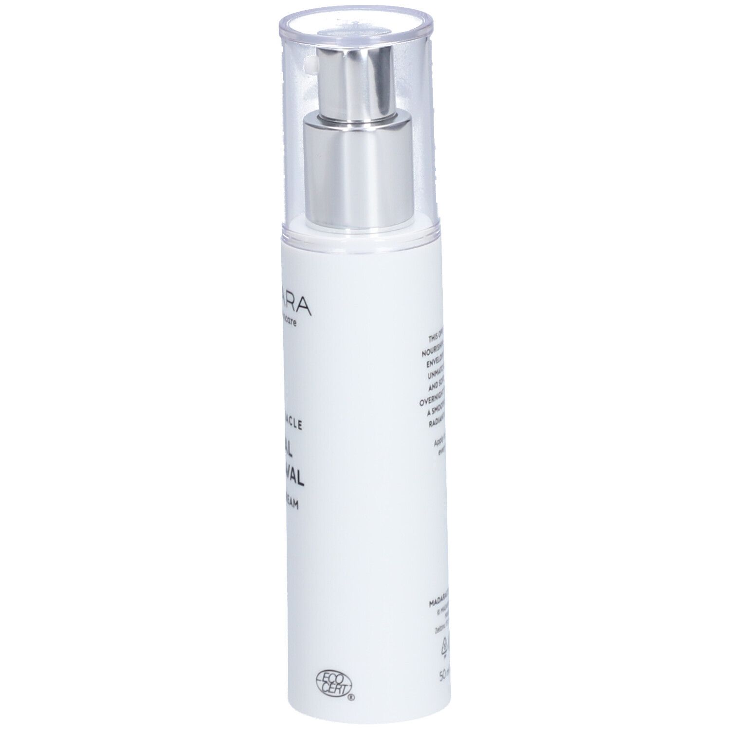 Weiße Flasche mit silbernem Pumpkopf und durchsichtiger Kappe. Beschriftung: Mádara, TIME MIRACLE, TOTAL RENEWAL, NIGHT CREAM.