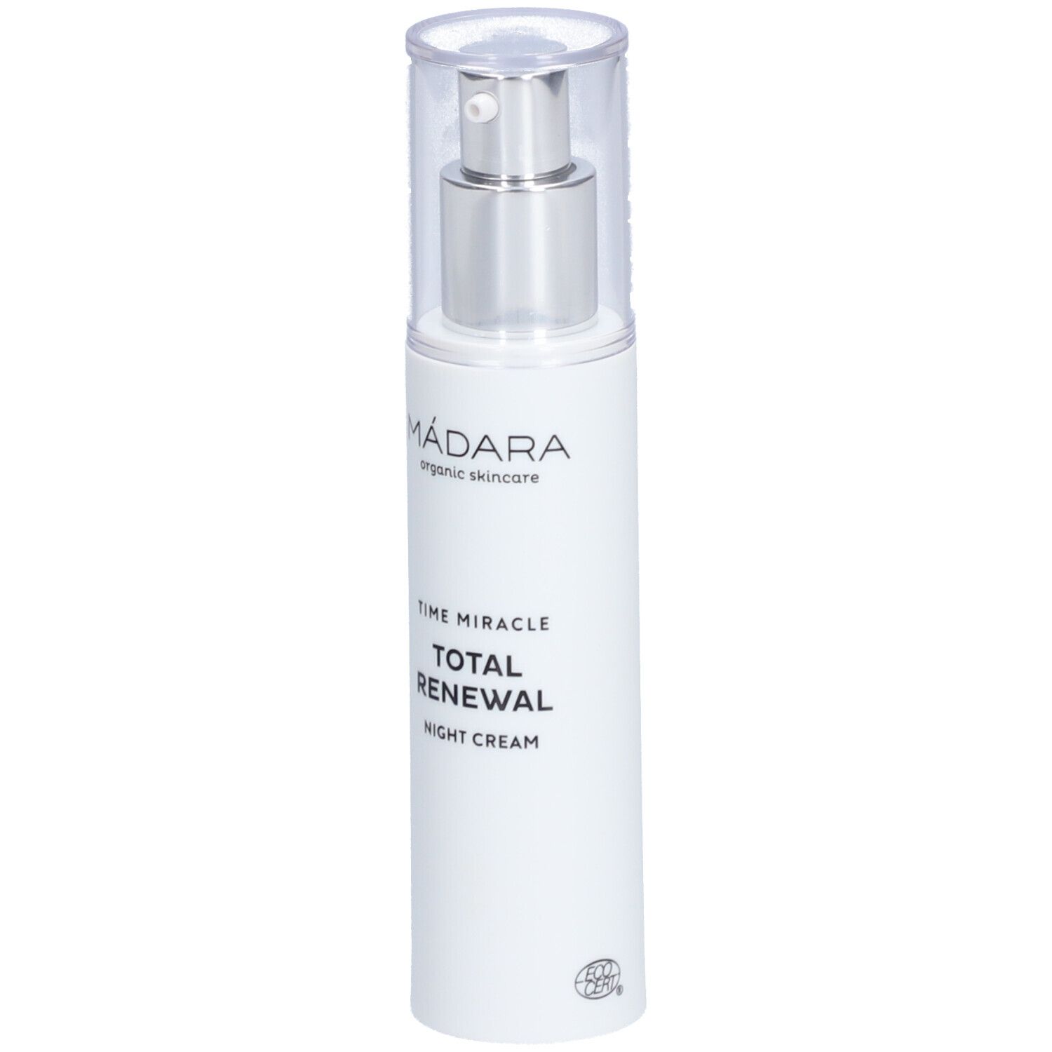 Weiße Flasche mit silbernem Pumpkopf und durchsichtiger Kappe. Beschriftung: Mádara, TIME MIRACLE, TOTAL RENEWAL, NIGHT CREAM.