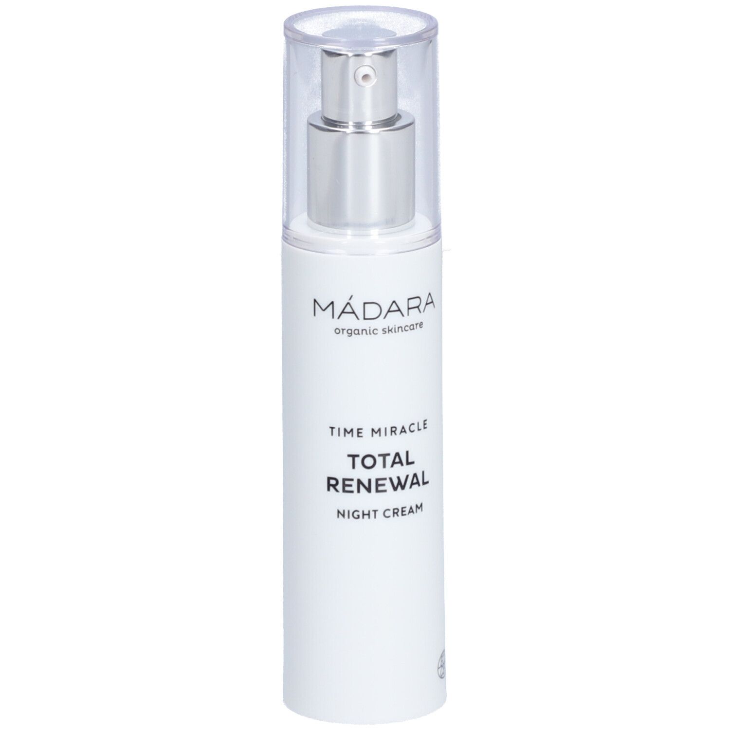 Weiße Flasche mit silbernem Pumpkopf und durchsichtiger Kappe. Beschriftung: Mádara, TIME MIRACLE, TOTAL RENEWAL, NIGHT CREAM.
