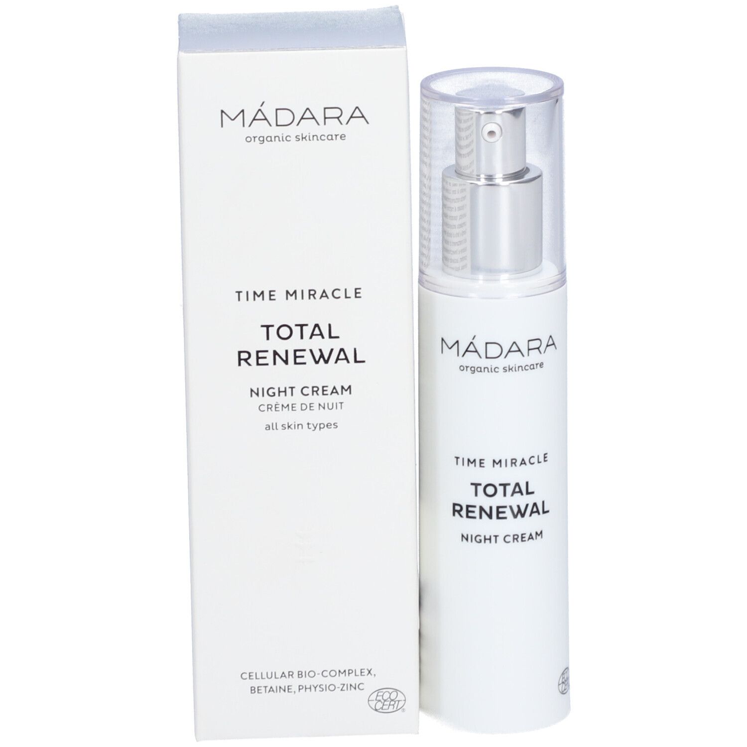 Produktverpackung mit Flasche. Weiße Flasche mit silbernem Pumpkopf und Karton. Beschriftung: Mádara, TIME MIRACLE, NIGHT CREAM.