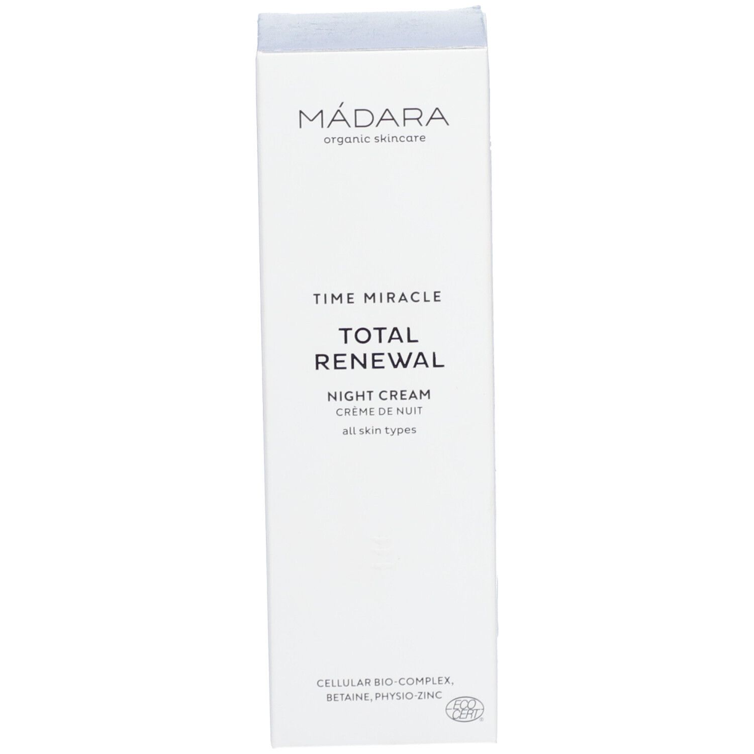 Produktverpackung. Weißer Karton mit Beschriftung: Mádara, TIME MIRACLE, NIGHT CREAM.