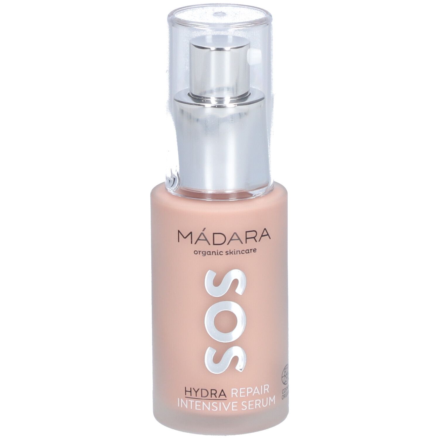 Flacon de sérum avec pompe. Inscription : MÁDARA, SOS, HYDRA REPAIR INTENSIVE SERUM. Avec certification biologique.