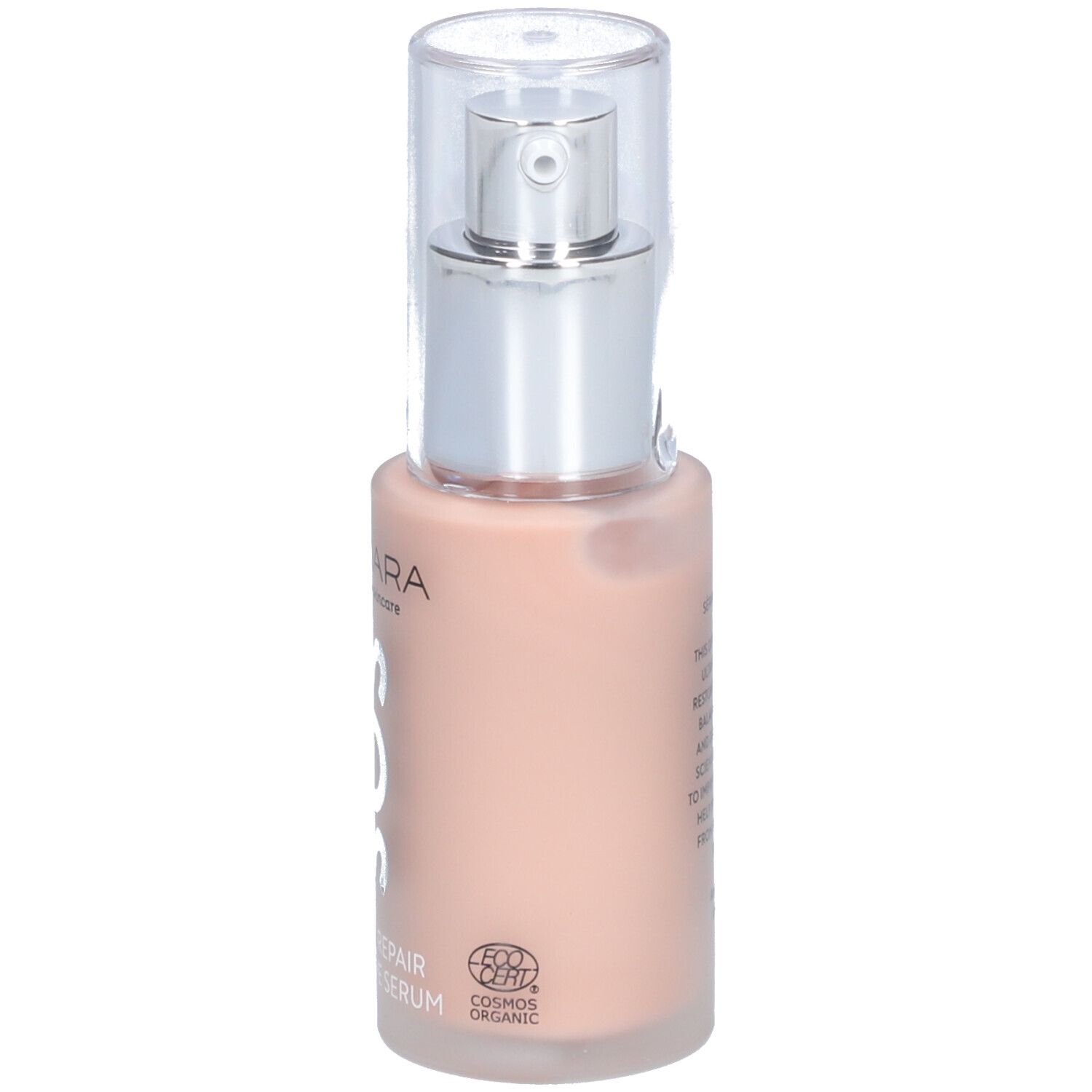 Flacon de sérum avec pompe. Inscription : MÁDARA, SOS, HYDRA REPAIR INTENSIVE SERUM. Avec certification biologique.