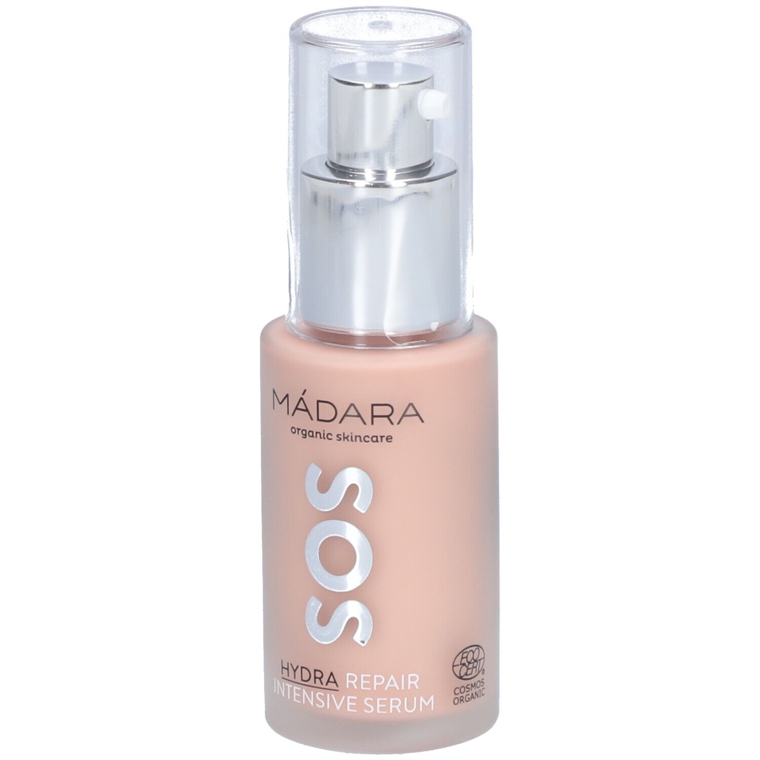 Flacon de sérum avec pompe. Inscription : MÁDARA, SOS, HYDRA REPAIR INTENSIVE SERUM. Avec certification biologique.