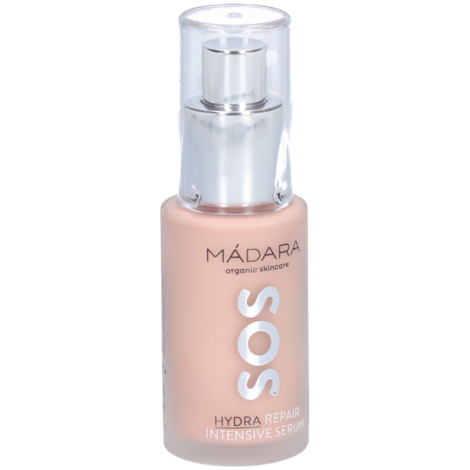 Flacon de sérum avec pompe. Inscription : MÁDARA, SOS, HYDRA REPAIR INTENSIVE SERUM. Avec certification biologique.