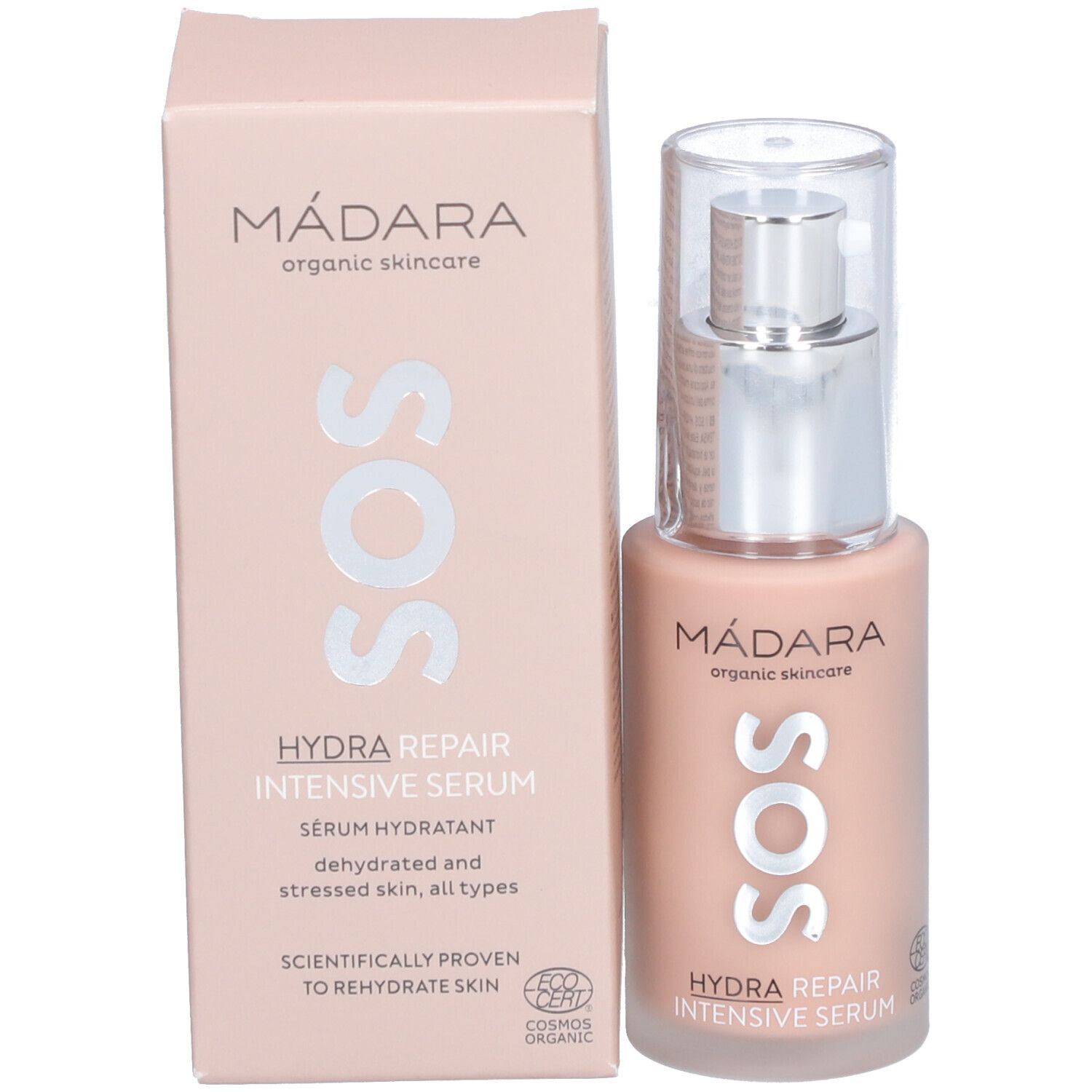 Emballage du produit et flacon de sérum. Inscription : MÁDARA, SOS, HYDRA REPAIR INTENSIVE SERUM. Avec certification biologique.