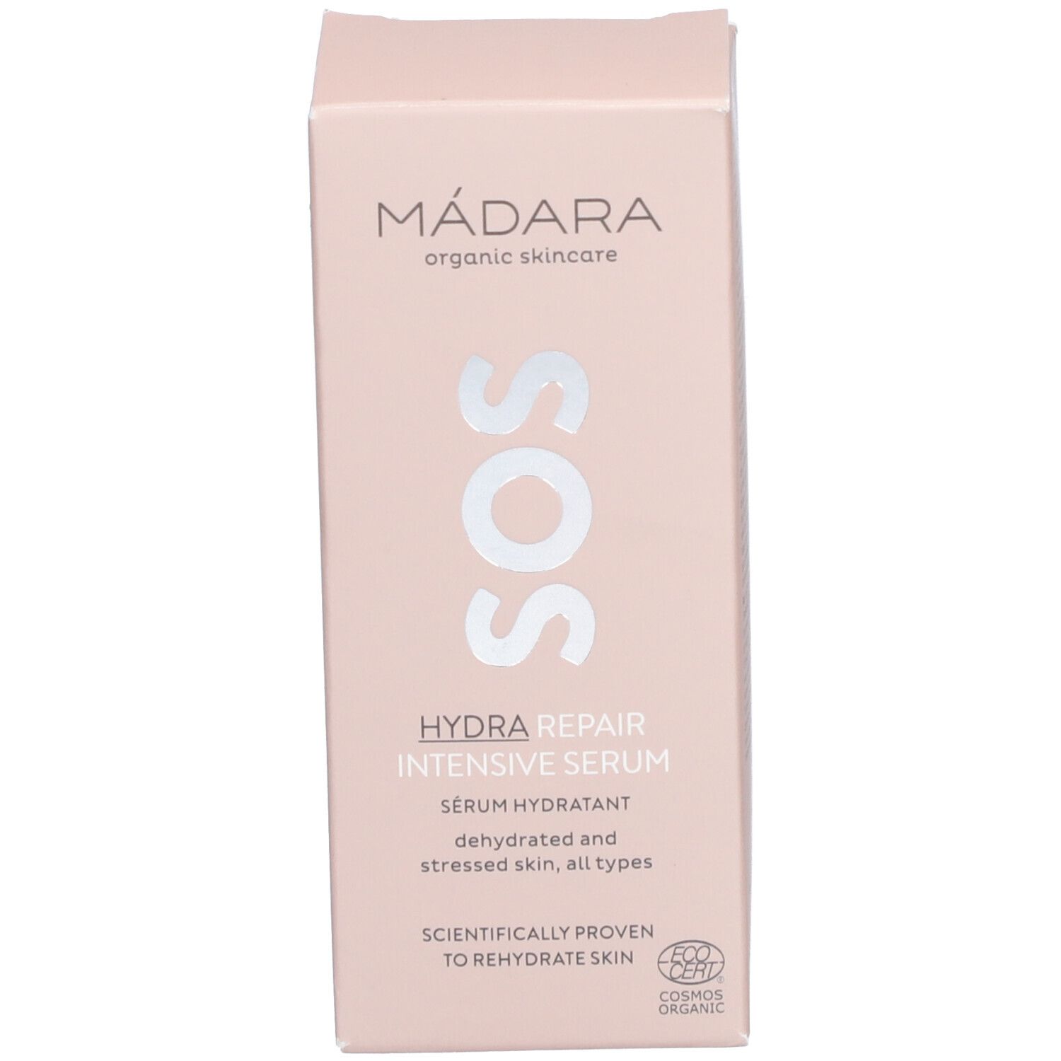 Emballage du produit. Inscription : MÁDARA, SOS, HYDRA REPAIR INTENSIVE SERUM. Avec certification biologique.