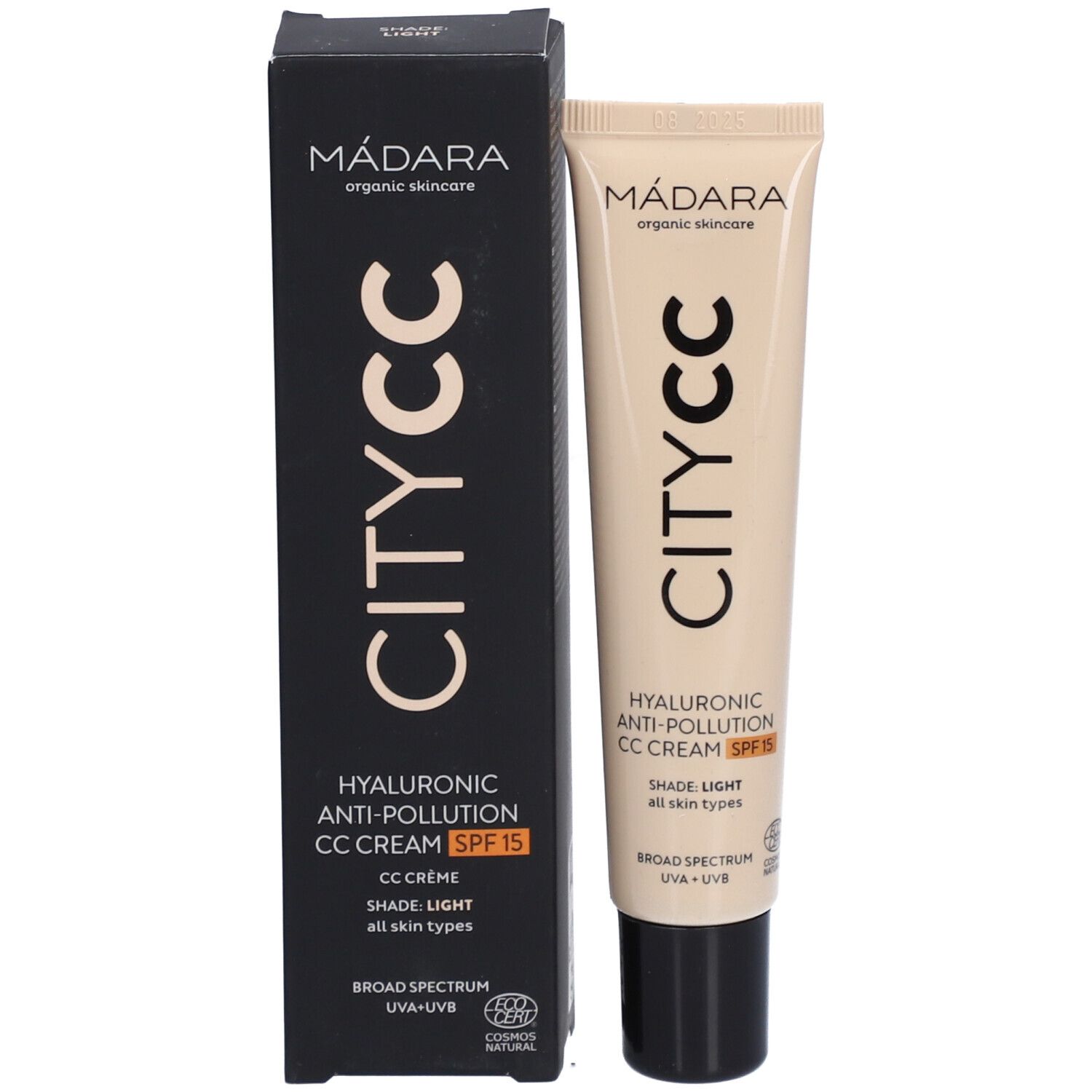 Tube und Schachtel. Schachtel: schwarz, Text: Mádara, CITY CC, Hyaluronic Anti-Pollution CC Cream SPF15, CC Crème.