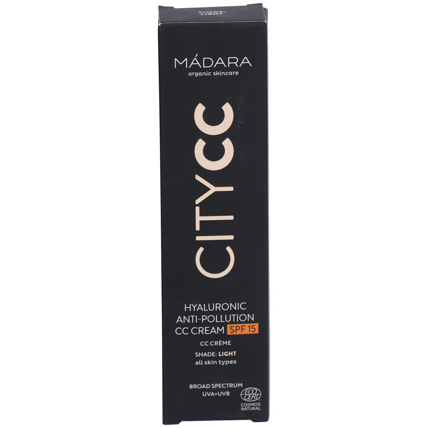 Schwarze Schachtel. Text: Mádara, CITY CC, Hyaluronic Anti-Pollution CC Cream SPF15, CC Crème, Shade Light.