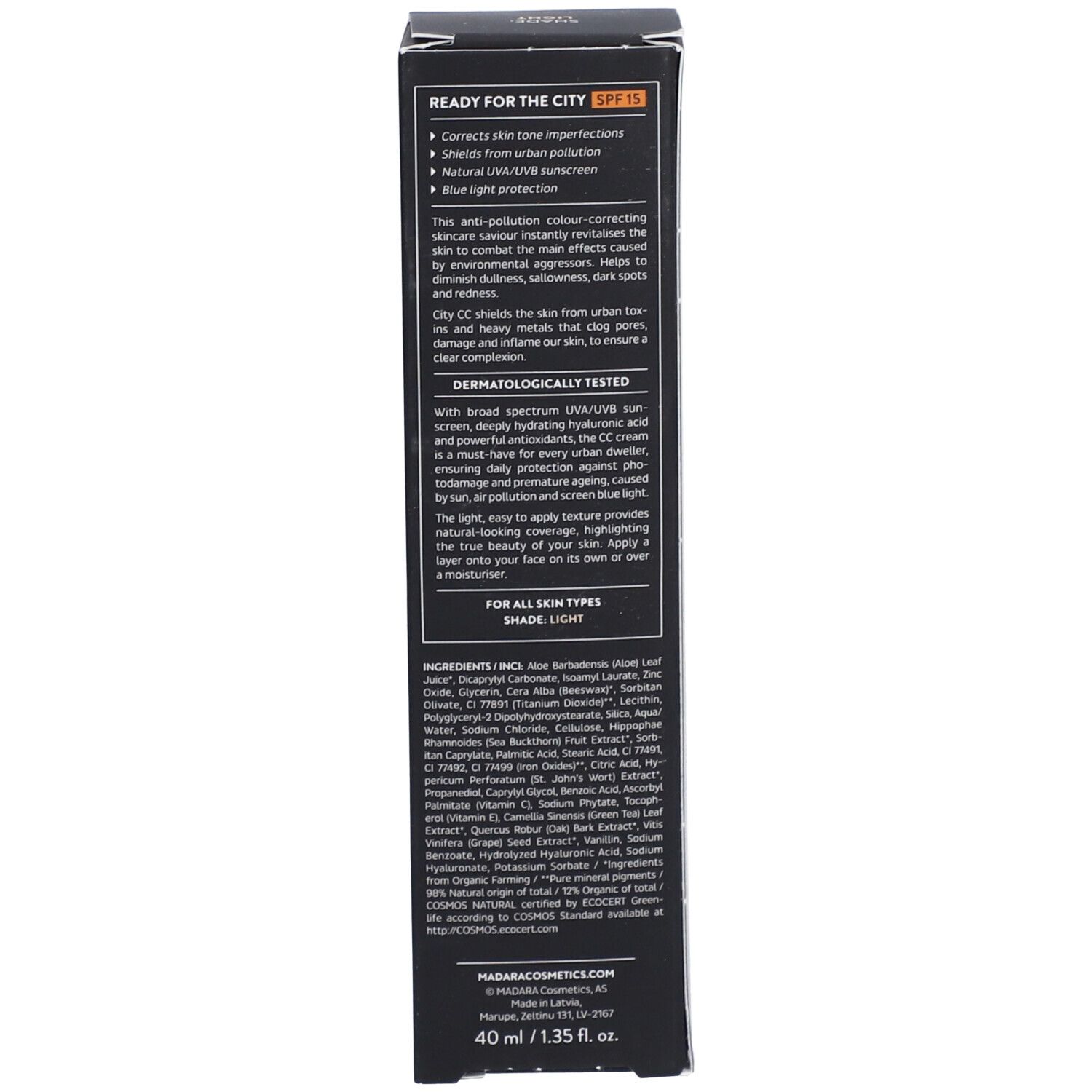 Schwarze Schachtel, Text: READY FOR THE CITY SPF15, Inhaltsstoffe, 40 ml / 1.35 fl. oz., Mádara Cosmetics.
