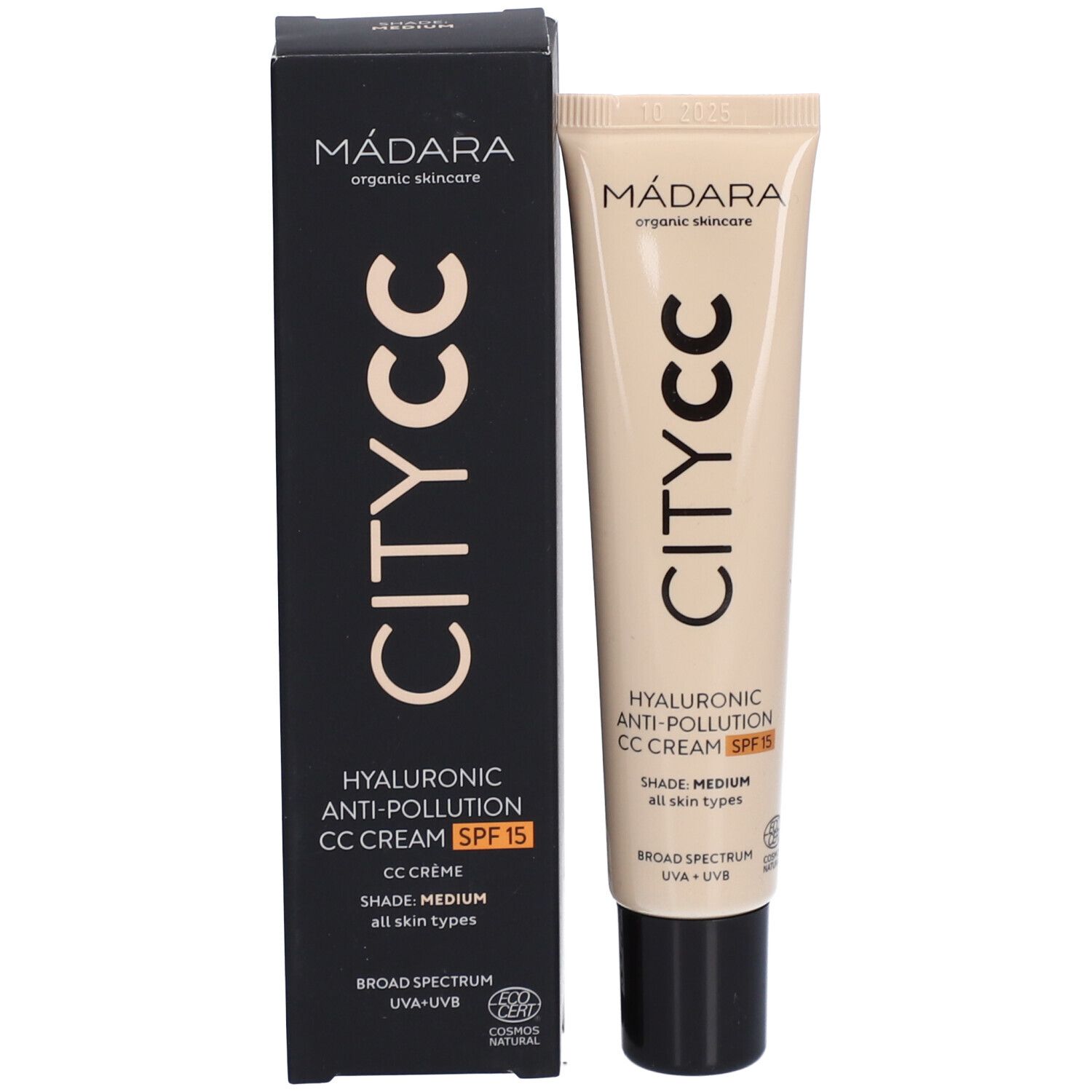 Produktverpackung. Tube und Schachtel. Aufschrift: Mádara CITY CC, Hyaluronsäure Anti-Pollution CC Creme SPF 15, Shade Medium.
