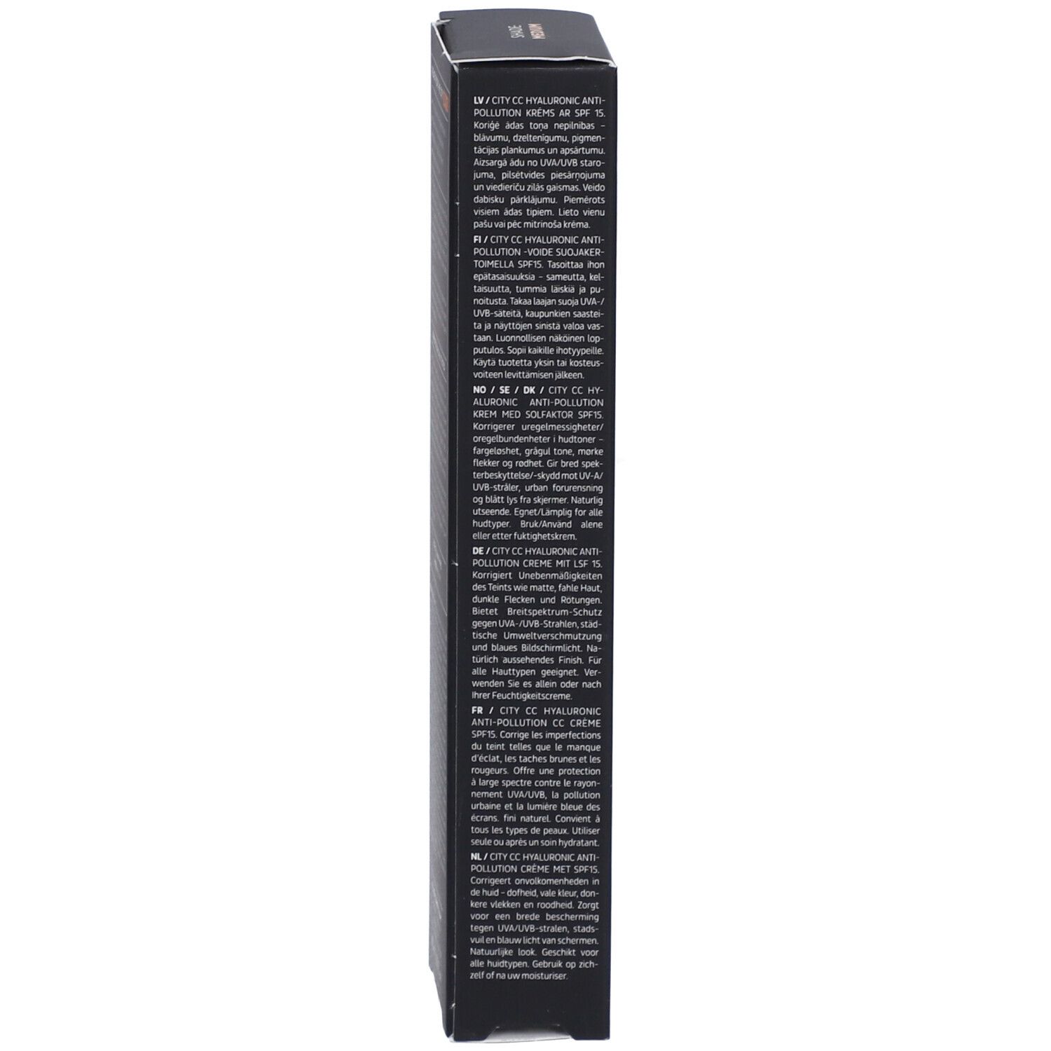 Schwarze Schachtel, Seitenansicht. Text in mehreren Sprachen. Enthält Informationen zum Produkt und zur Anwendung.