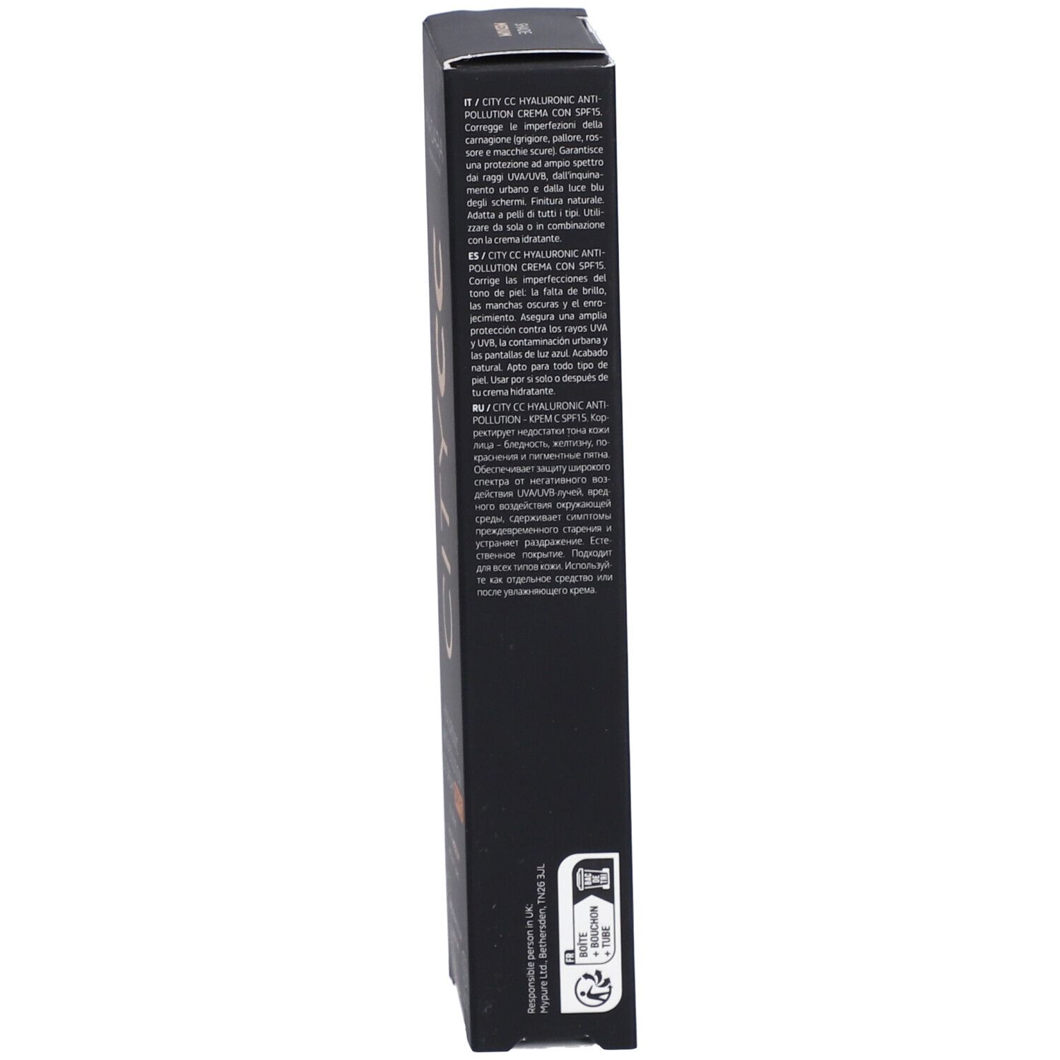 Schwarze Schachtel, Seitenansicht. Text in mehreren Sprachen. Enthält Informationen zum Produkt und zur Anwendung.