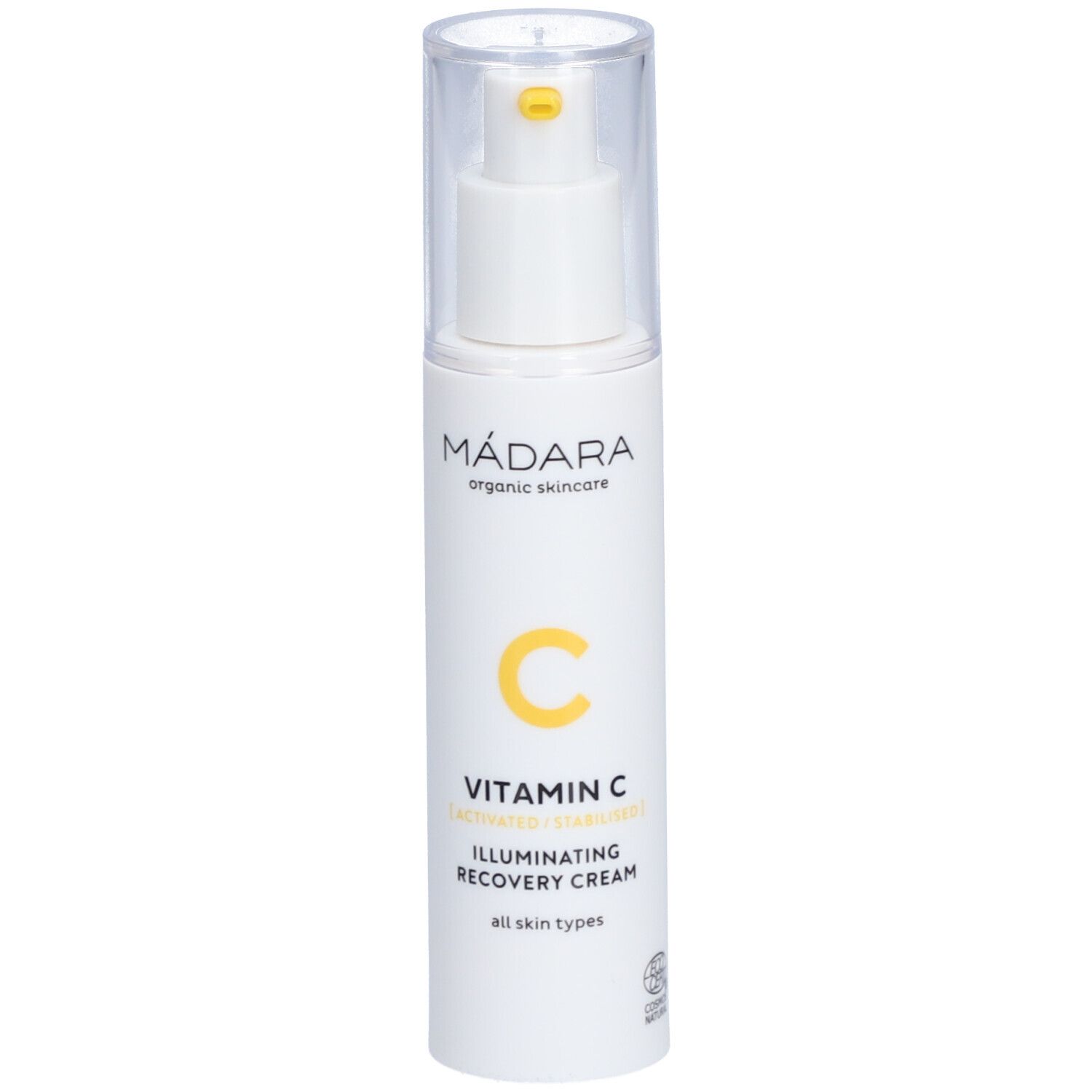 Flacon blanc avec pompe. Inscriptions : Mádara, Vitamin C, Illuminating Recovery Cream. Pour tous types de peau.