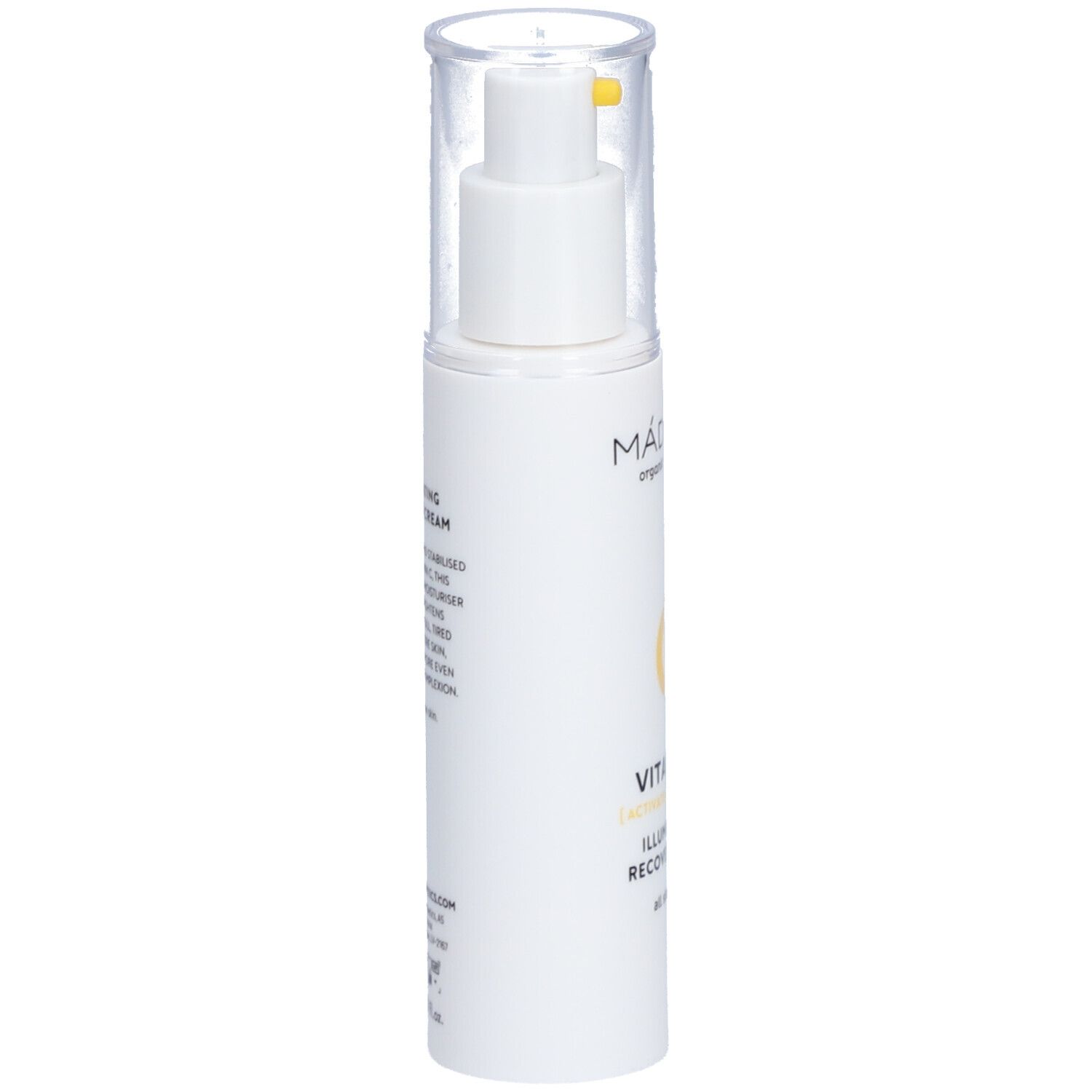 Flacon blanc avec pompe. Inscriptions : Mádara, Vitamin C, Illuminating Recovery Cream. Texte au dos.
