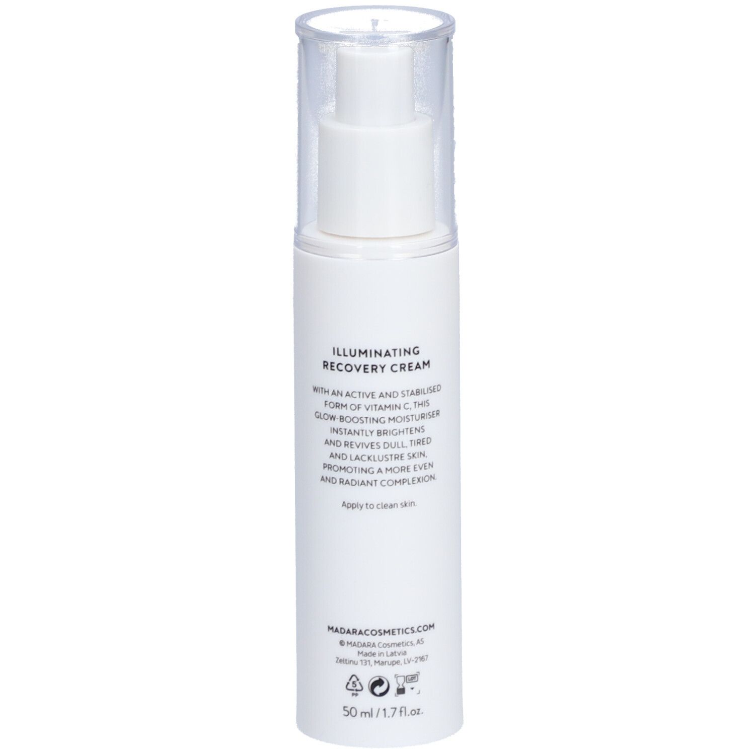 Flacon blanc avec pompe. Texte au dos. Inscriptions : Illuminating Recovery Cream, 50 ml/1.7 fl.oz.