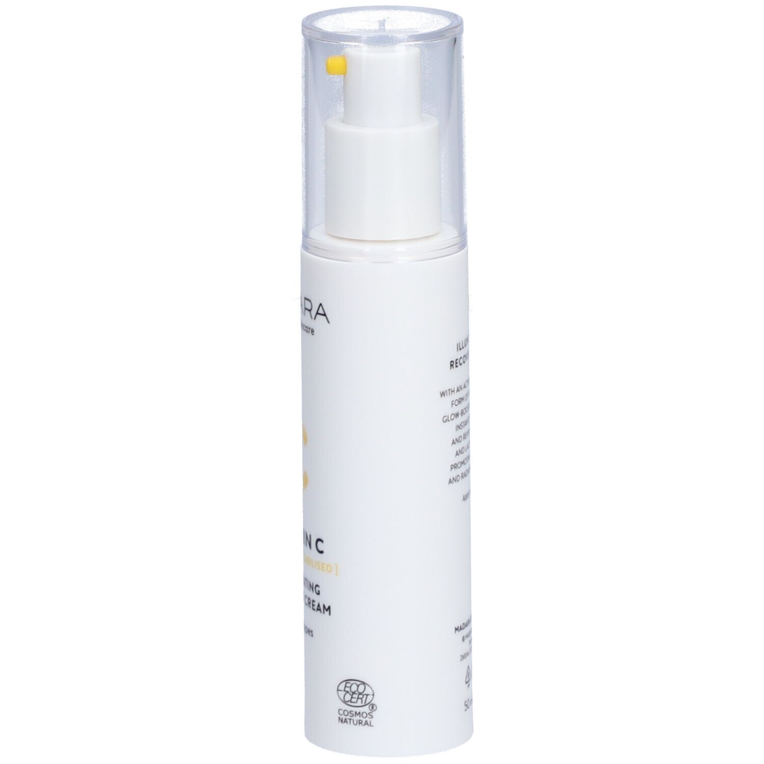 Flacon blanc avec pompe. Inscriptions : Mádara, Vitamin C, Illuminating Recovery Cream. Avec certification bio.