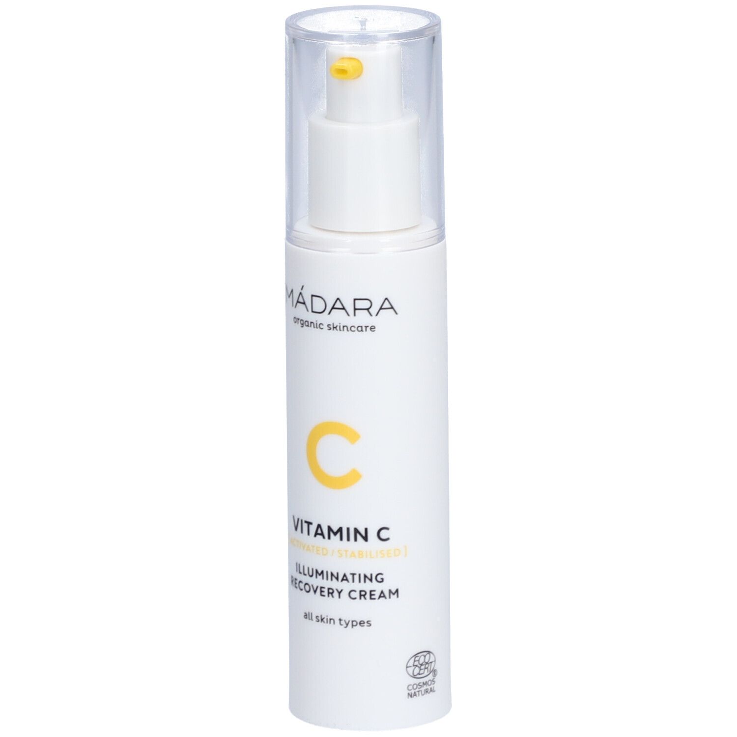 Flacon blanc avec pompe. Inscriptions : Mádara, Vitamin C, Illuminating Recovery Cream. Pour tous types de peau.