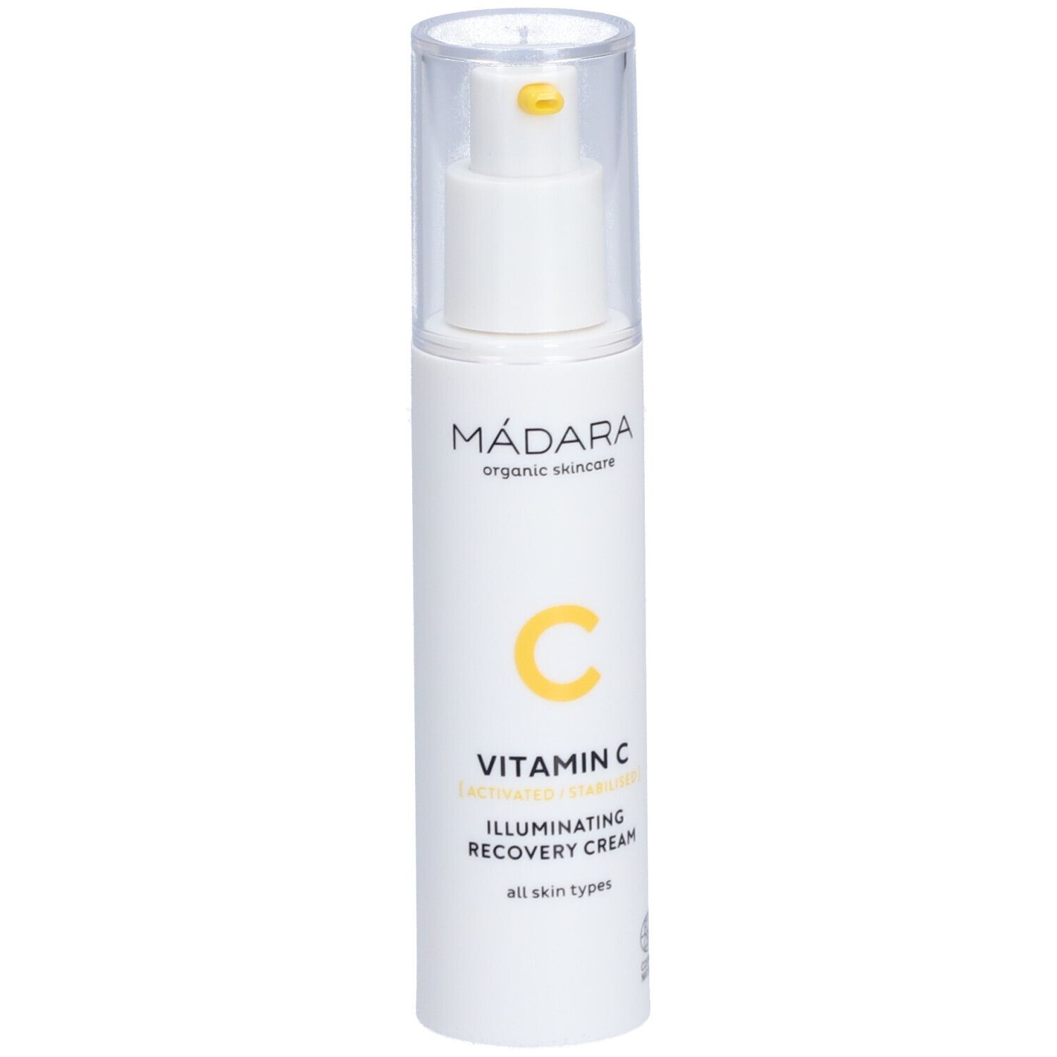 Flacon blanc avec pompe. Inscriptions : Mádara, Vitamin C, Illuminating Recovery Cream. Pour tous types de peau.