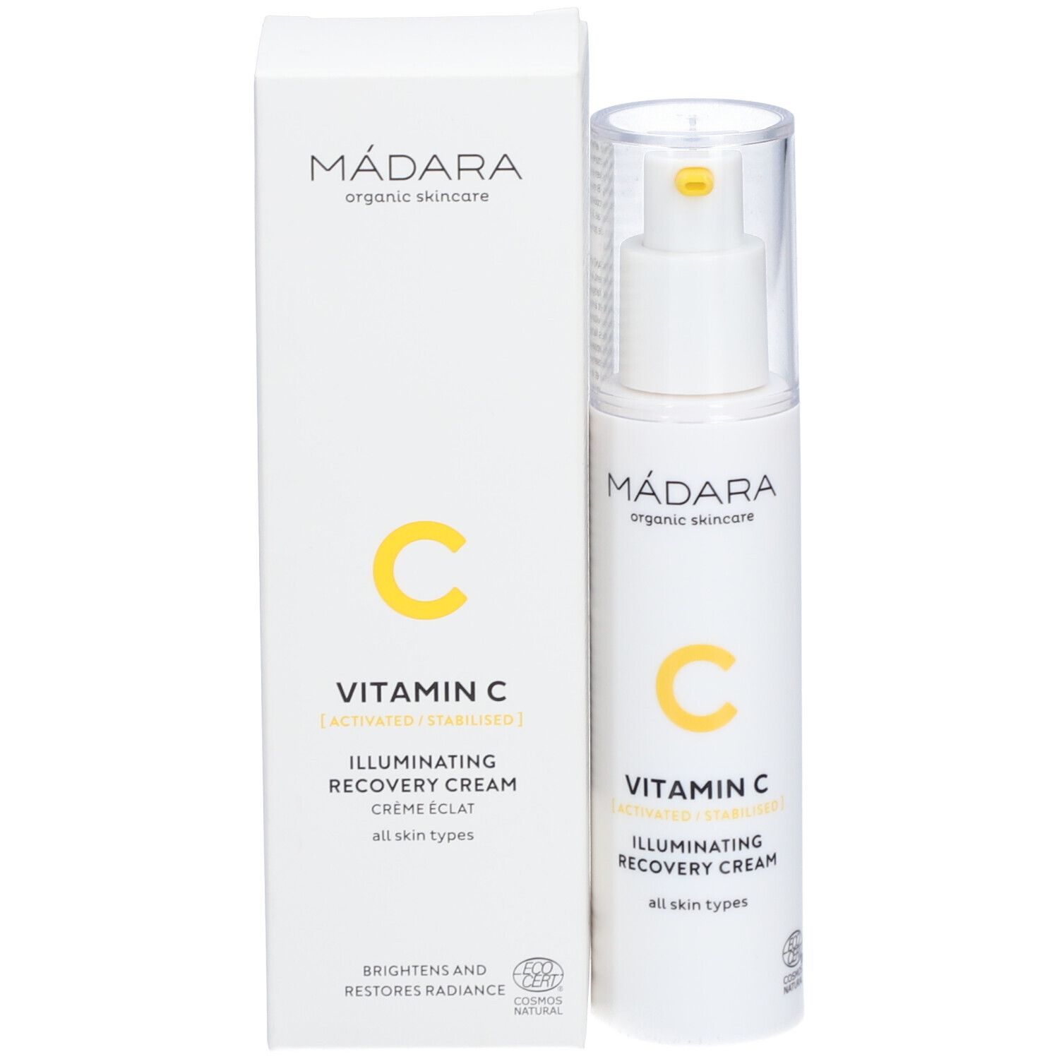 Flacon et boîte blancs. Inscriptions : Mádara, Vitamin C, Illuminating Recovery Cream. Crème Eclat. Pour tous types de peau.