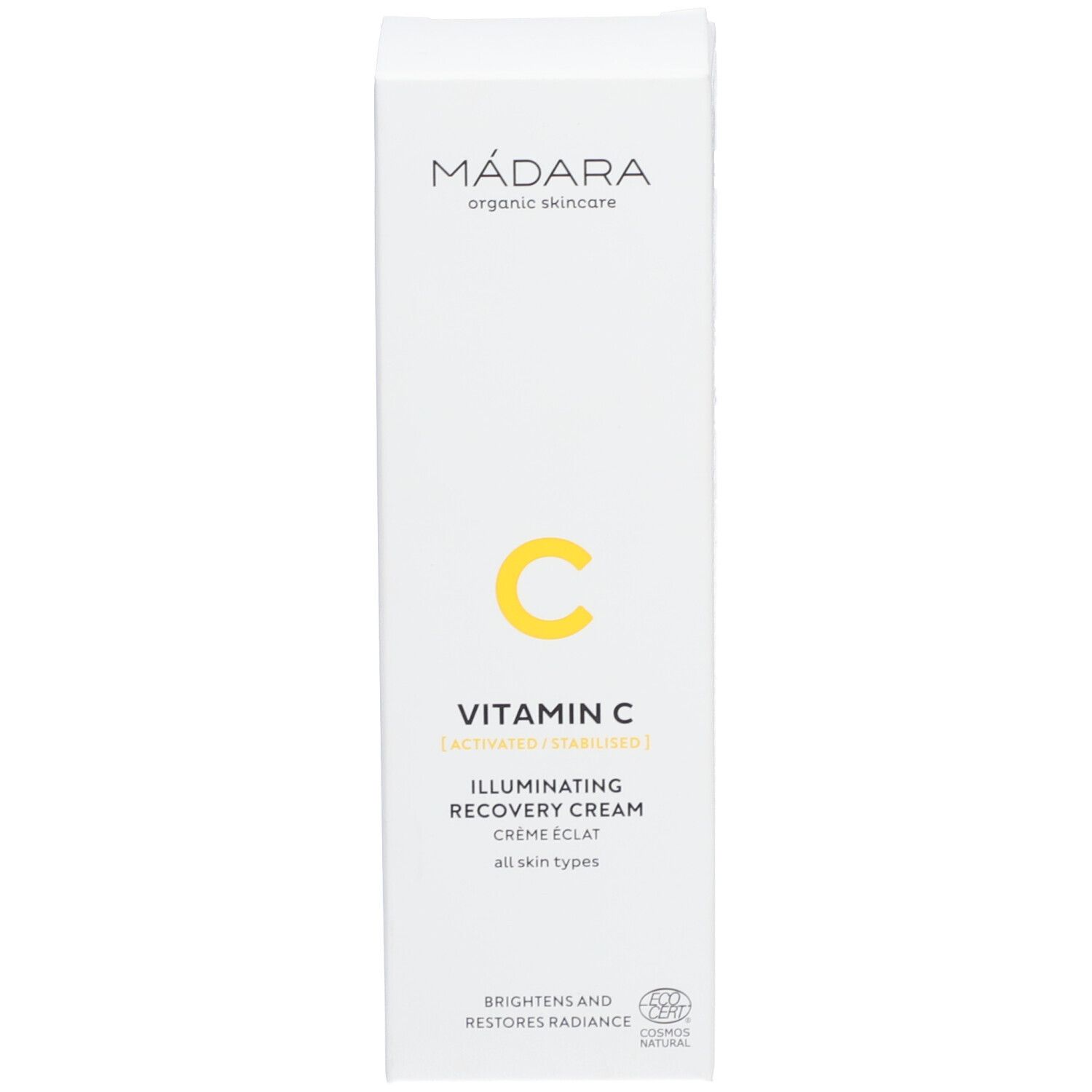 Boîte blanche. Inscriptions : Mádara, Vitamin C, Illuminating Recovery Cream. Crème Eclat. Avec certification bio.