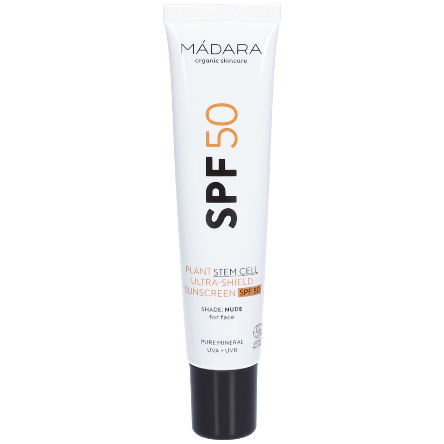 Weiße Tube mit schwarzem Deckel. Aufschrift: Mádara, SPF50, Sonnenschutzcreme für das Gesicht. Mit pflanzlichen Stammzellen.