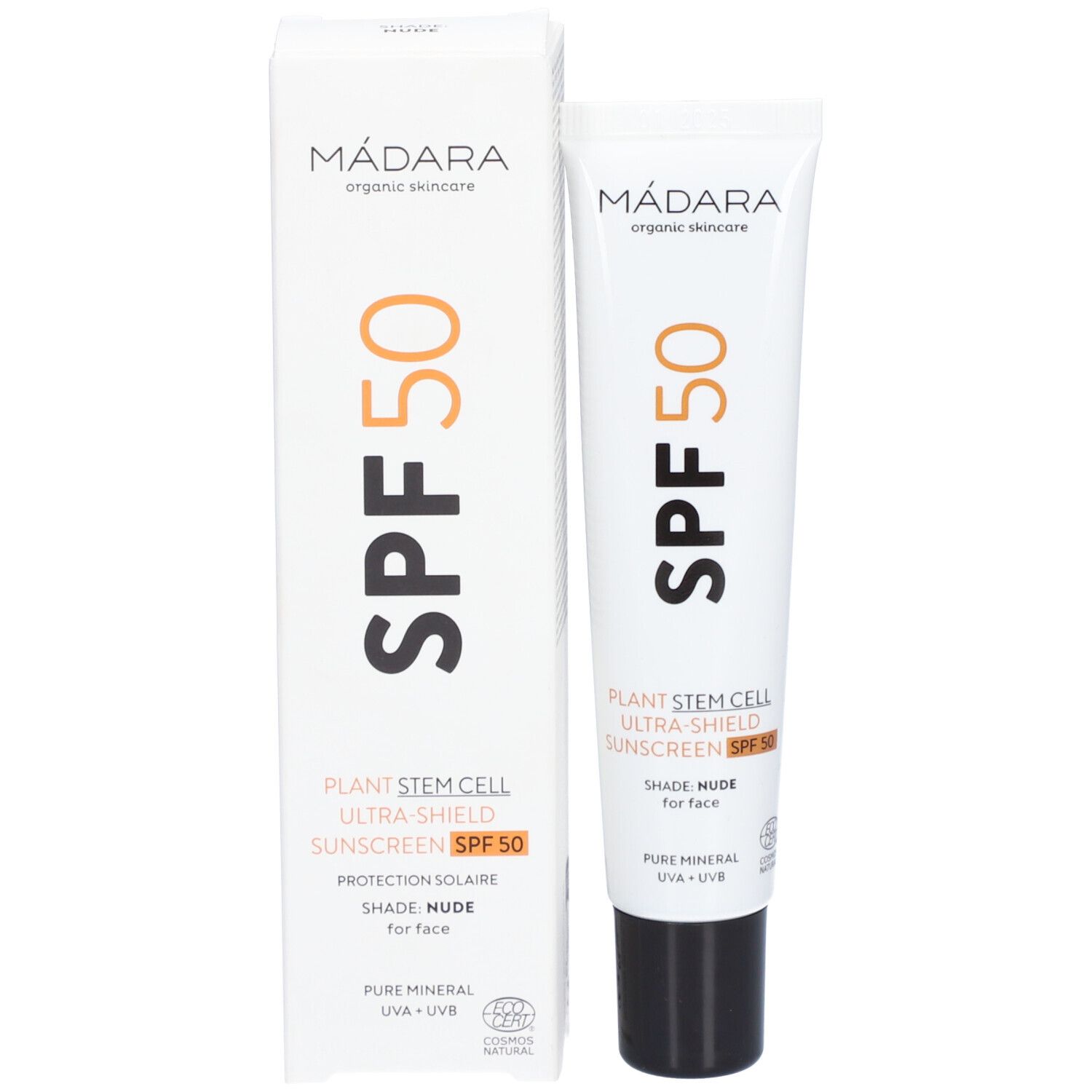 Produktverpackung: Weiße Schachtel und Tube. Aufschrift: Mádara, SPF50, Sonnenschutzcreme für das Gesicht. Mit pflanzlichen Stammzellen.
