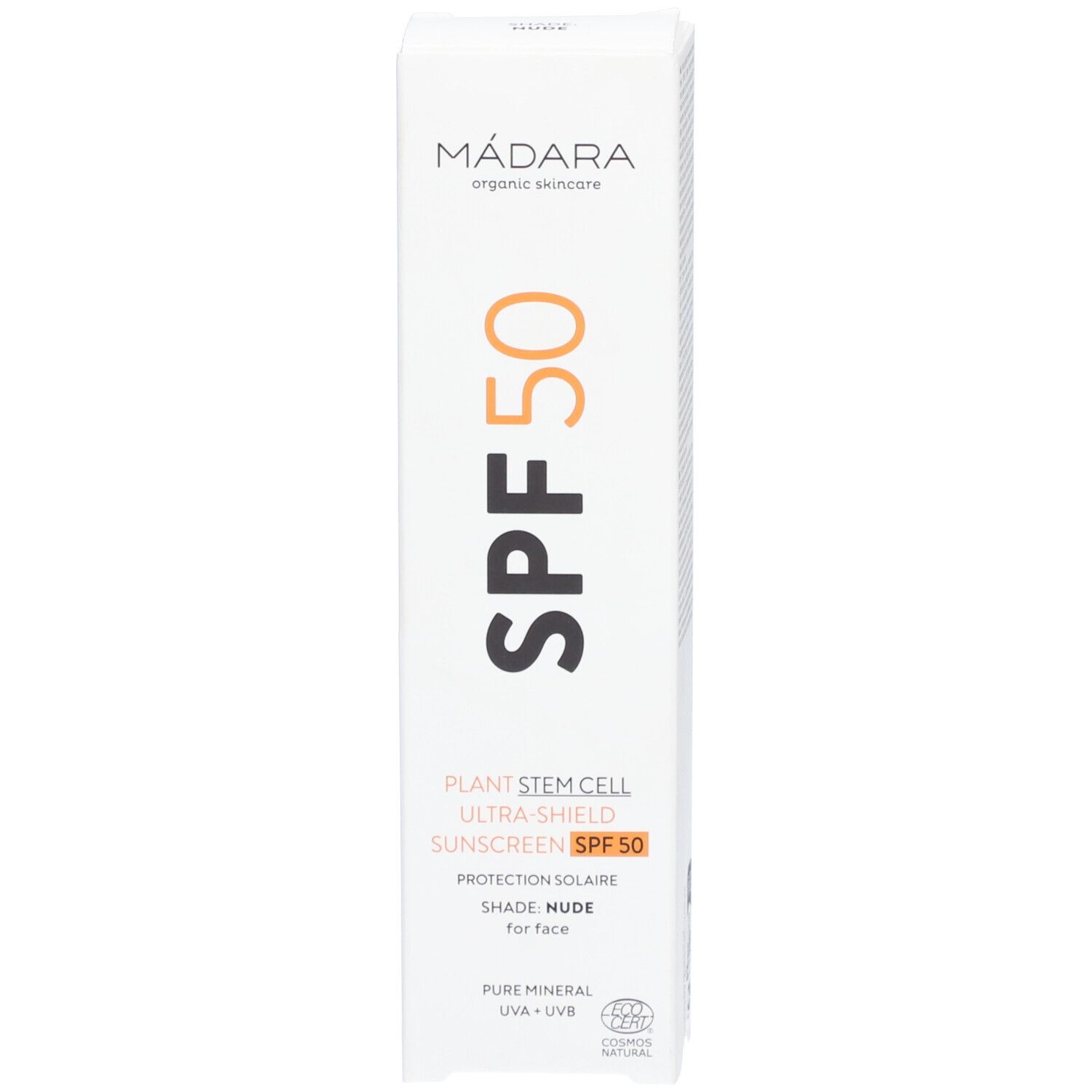 Weiße Schachtel. Aufschrift: Mádara, SPF50, Sonnenschutzcreme für das Gesicht. Mit pflanzlichen Stammzellen. Produktname und Logo.