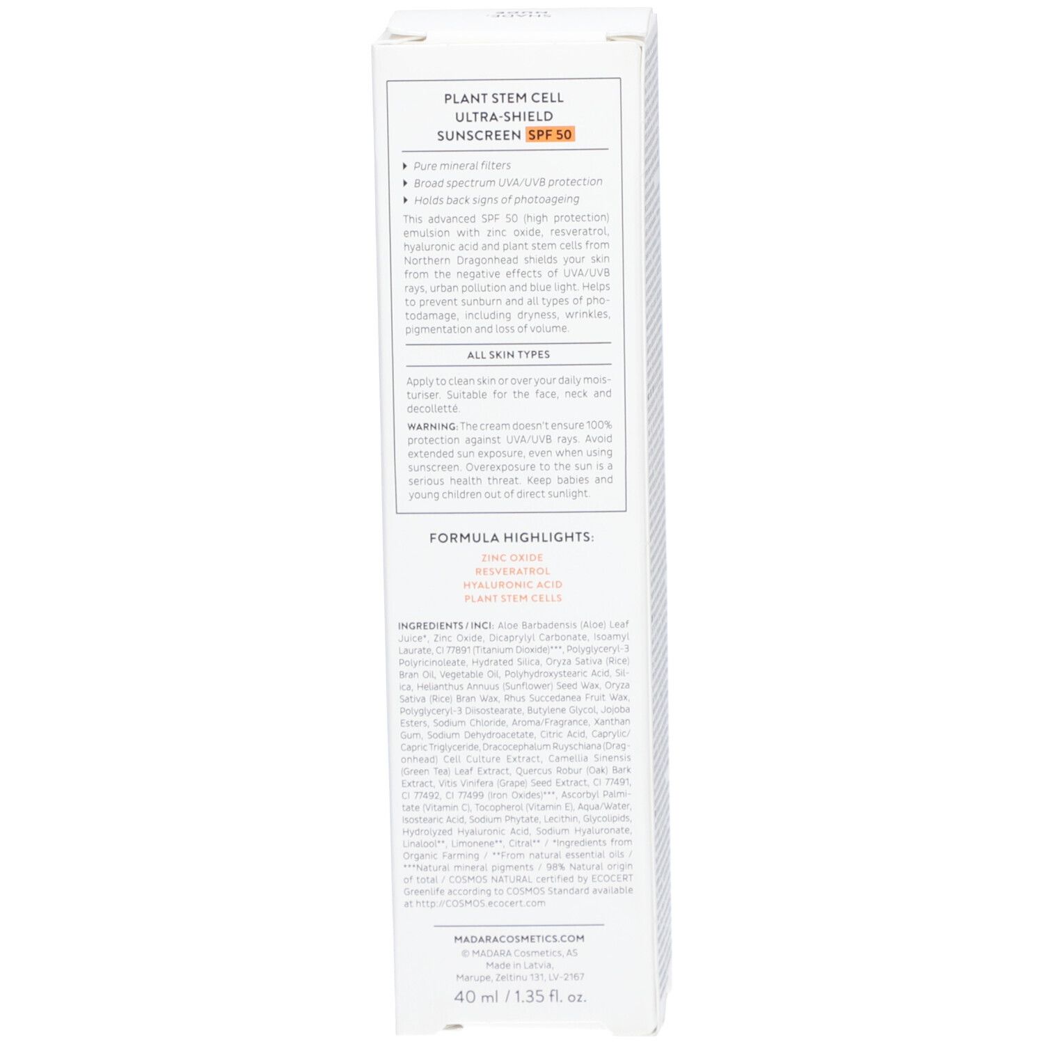 Seite der weißen Schachtel. Text: Produktbeschreibung, Inhaltsstoffe, Anwendungshinweise, Herstellerinformationen, Zertifizierungen.
