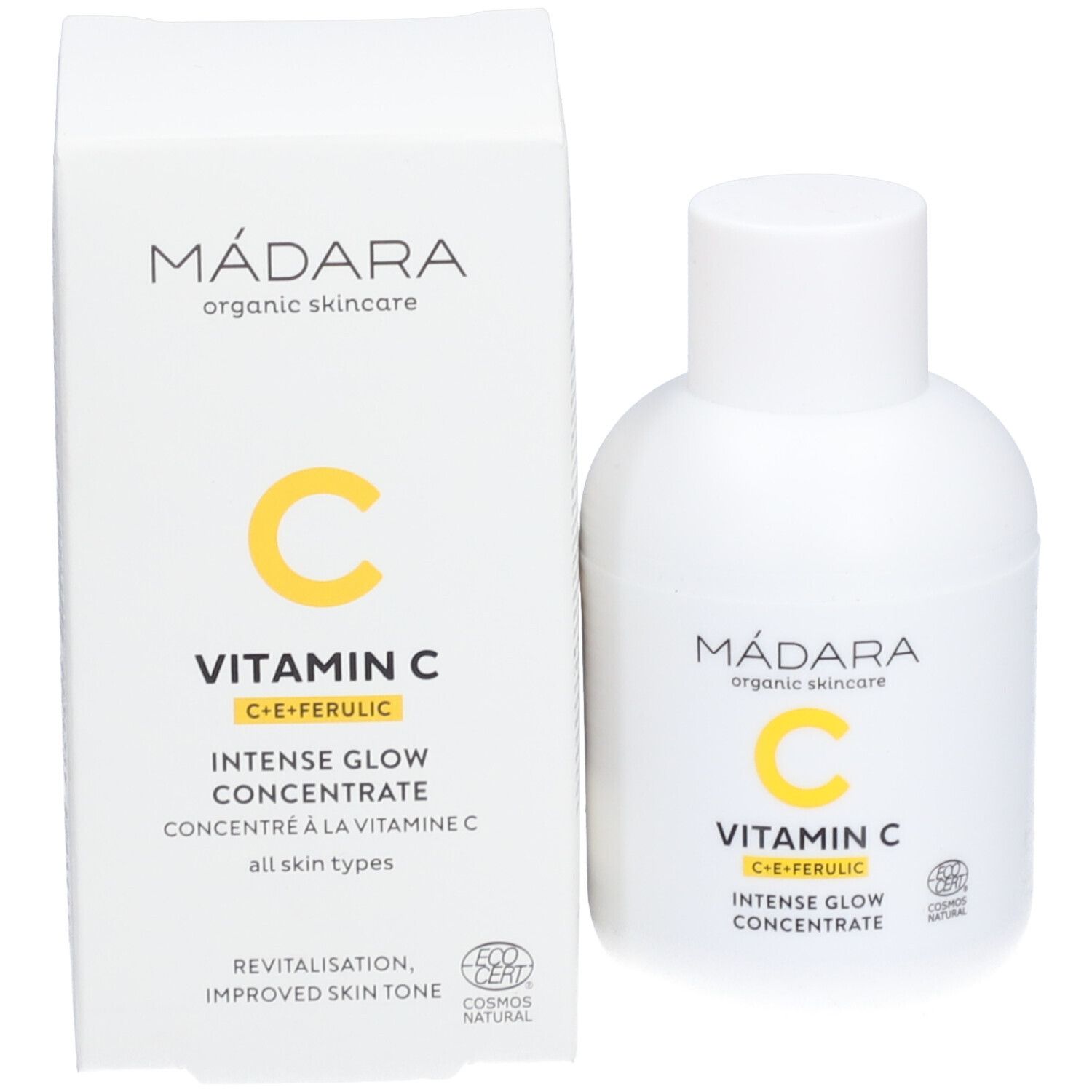 Weiße Flasche und Karton. Aufschrift: Mádara, Vitamin C, Intense Glow Concentrate. COSmos Natural-Zertifizierung.