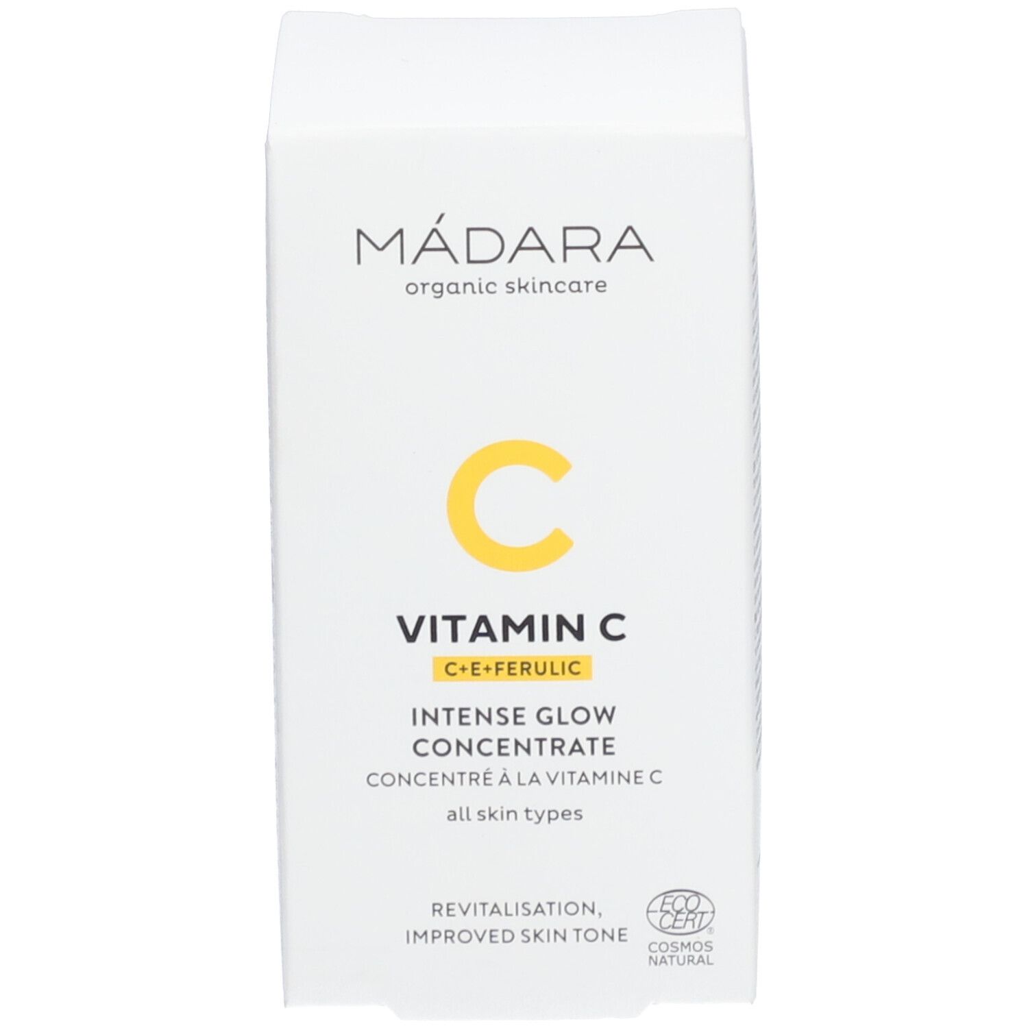 Weißer Karton. Aufschrift: Mádara, Vitamin C, Intense Glow Concentrate. COSmos Natural-Zertifizierung.